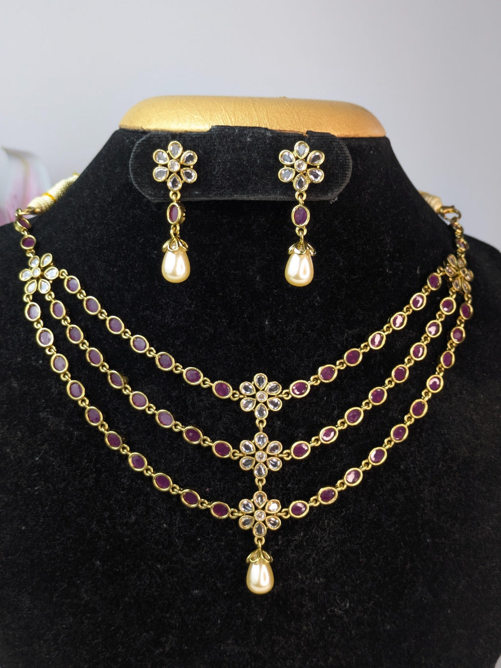 Thrible Layer Baby Pink Stone Necklace