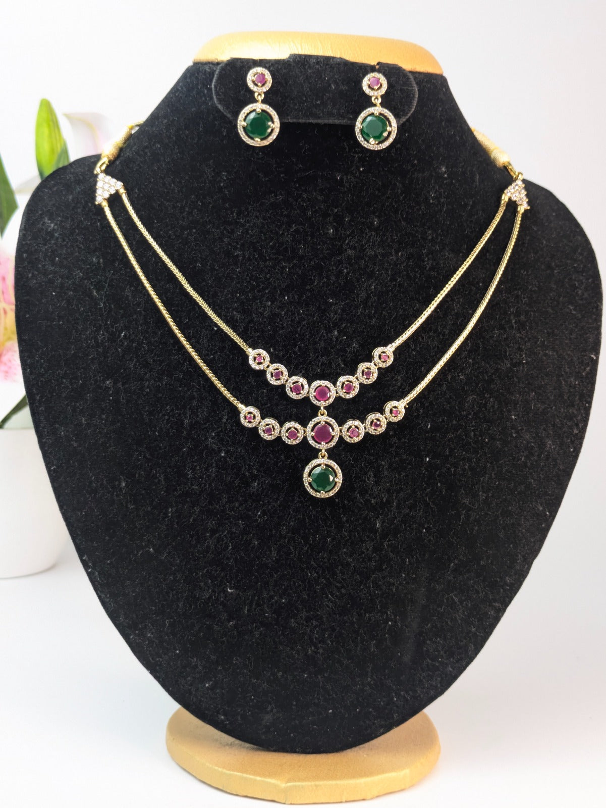 Double Layer Ruby & Emerald Stone Necklace