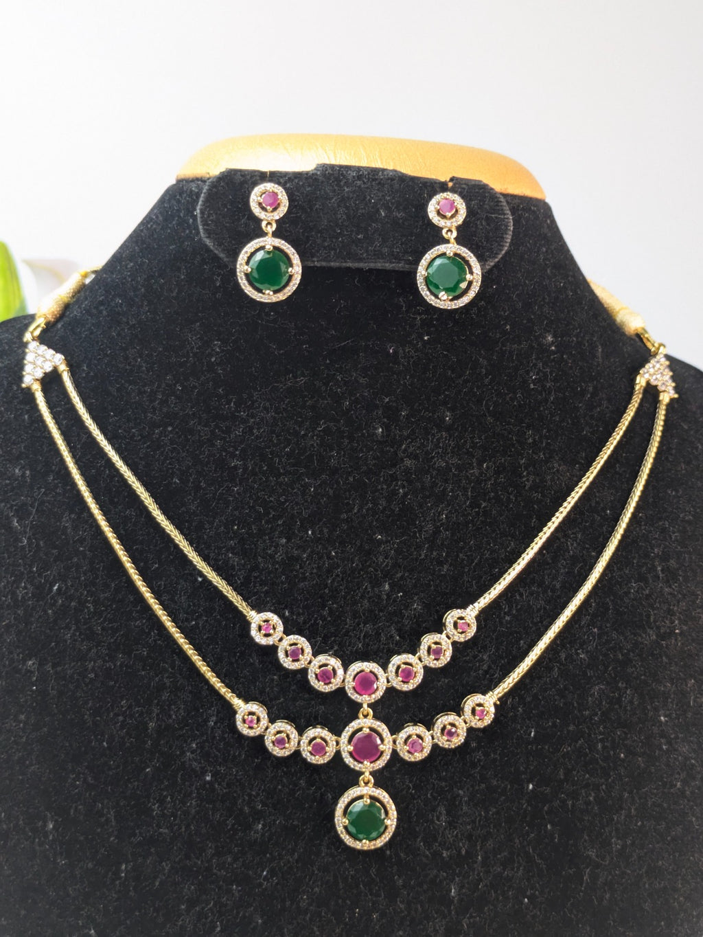 Double Layer Ruby & Emerald Stone Necklace