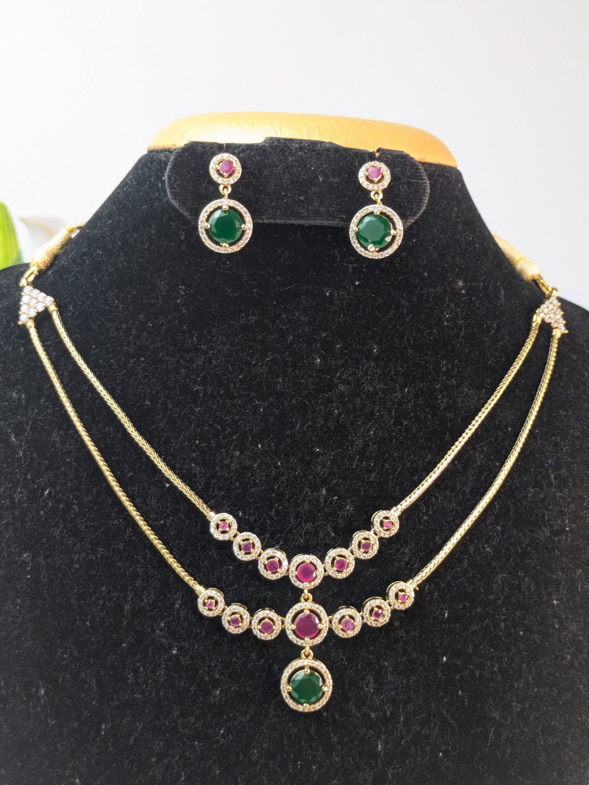 Double Layer Ruby & Emerald Stone Necklace