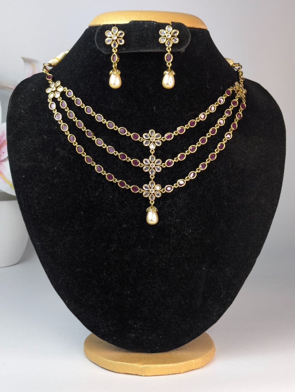 Thrible Layer Baby Pink Stone Necklace