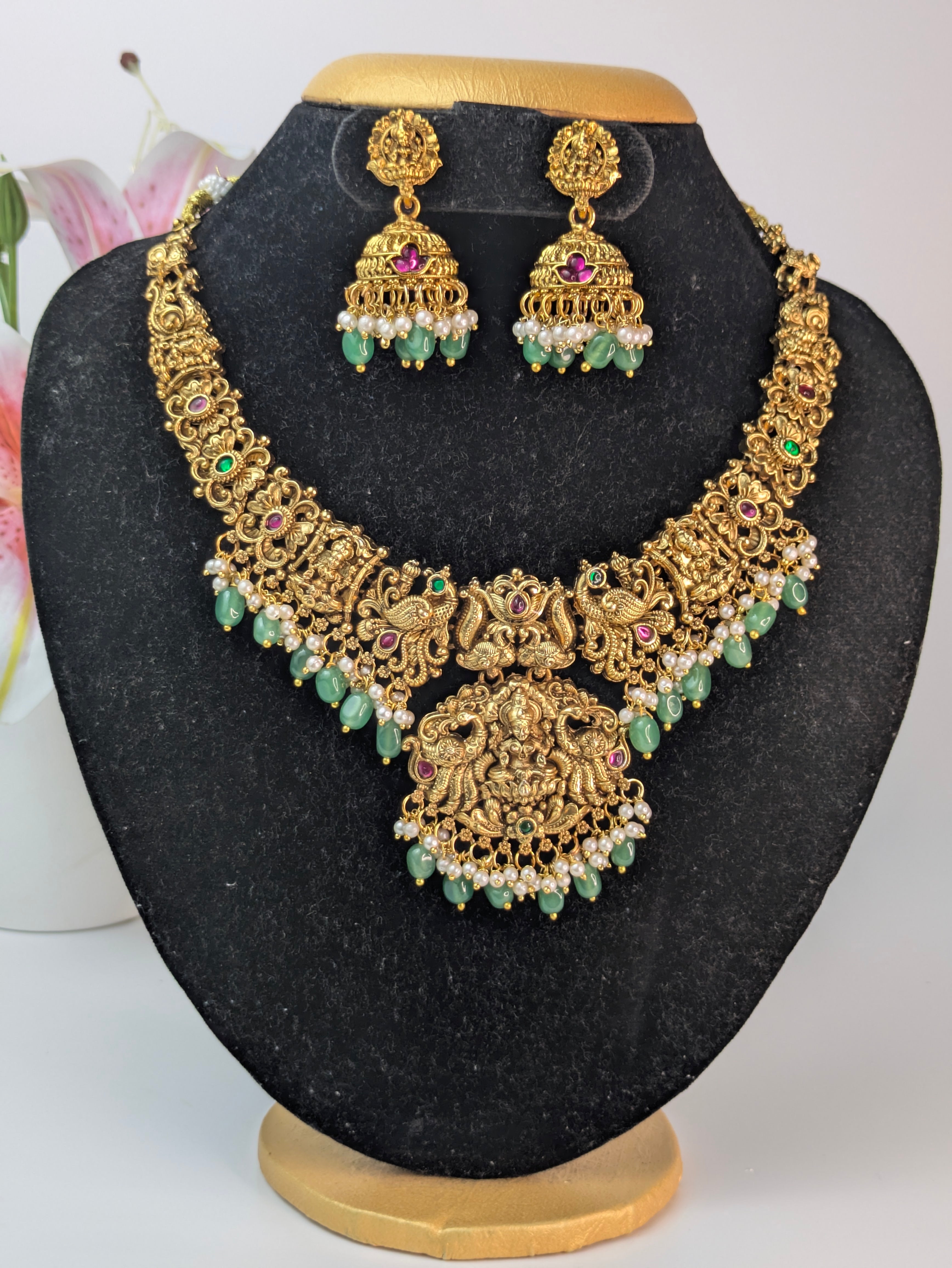 Peacock Lakshmi Kemp Necklace with Green Hanging