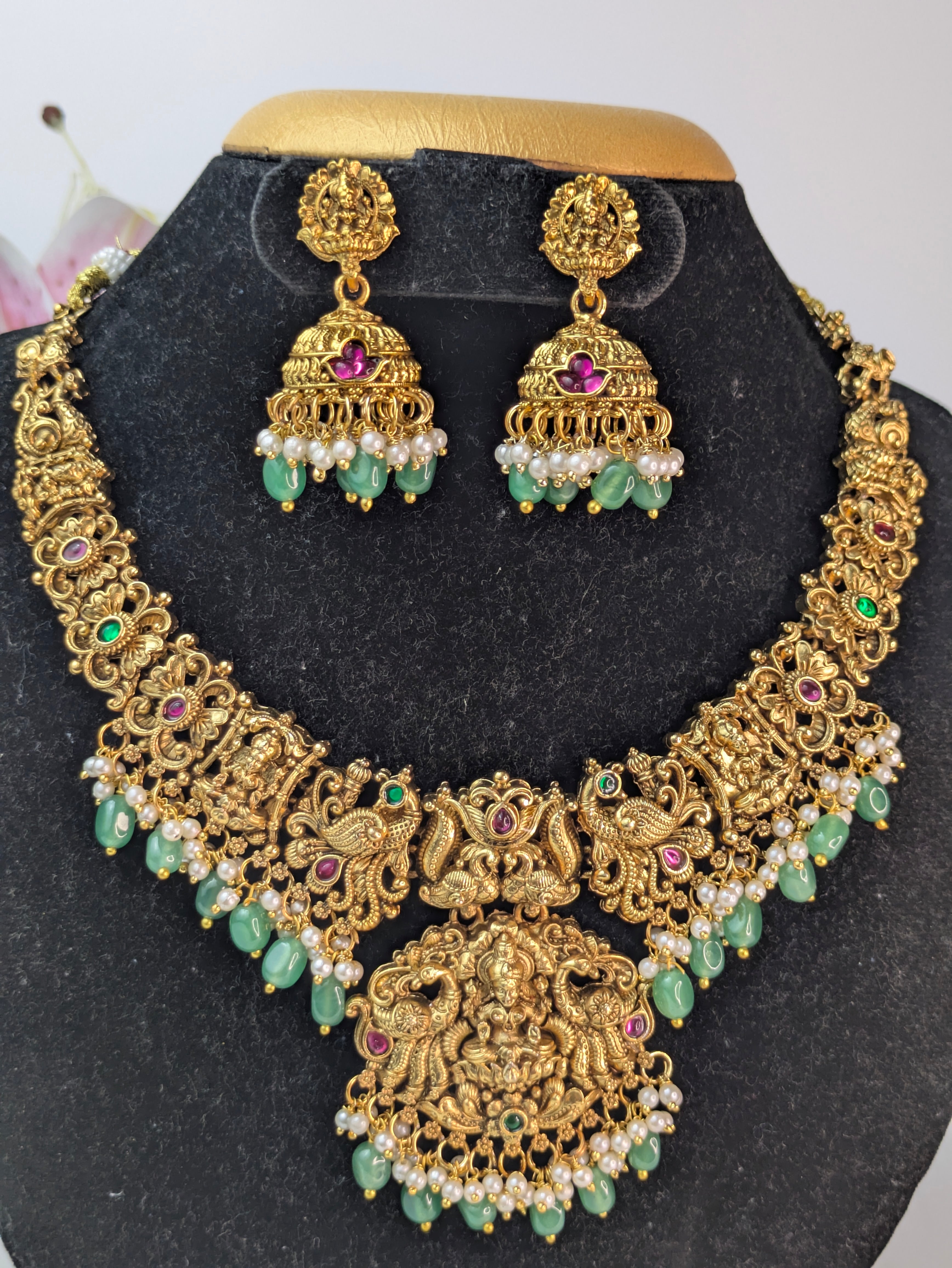 Peacock Lakshmi Kemp Necklace with Green Hanging