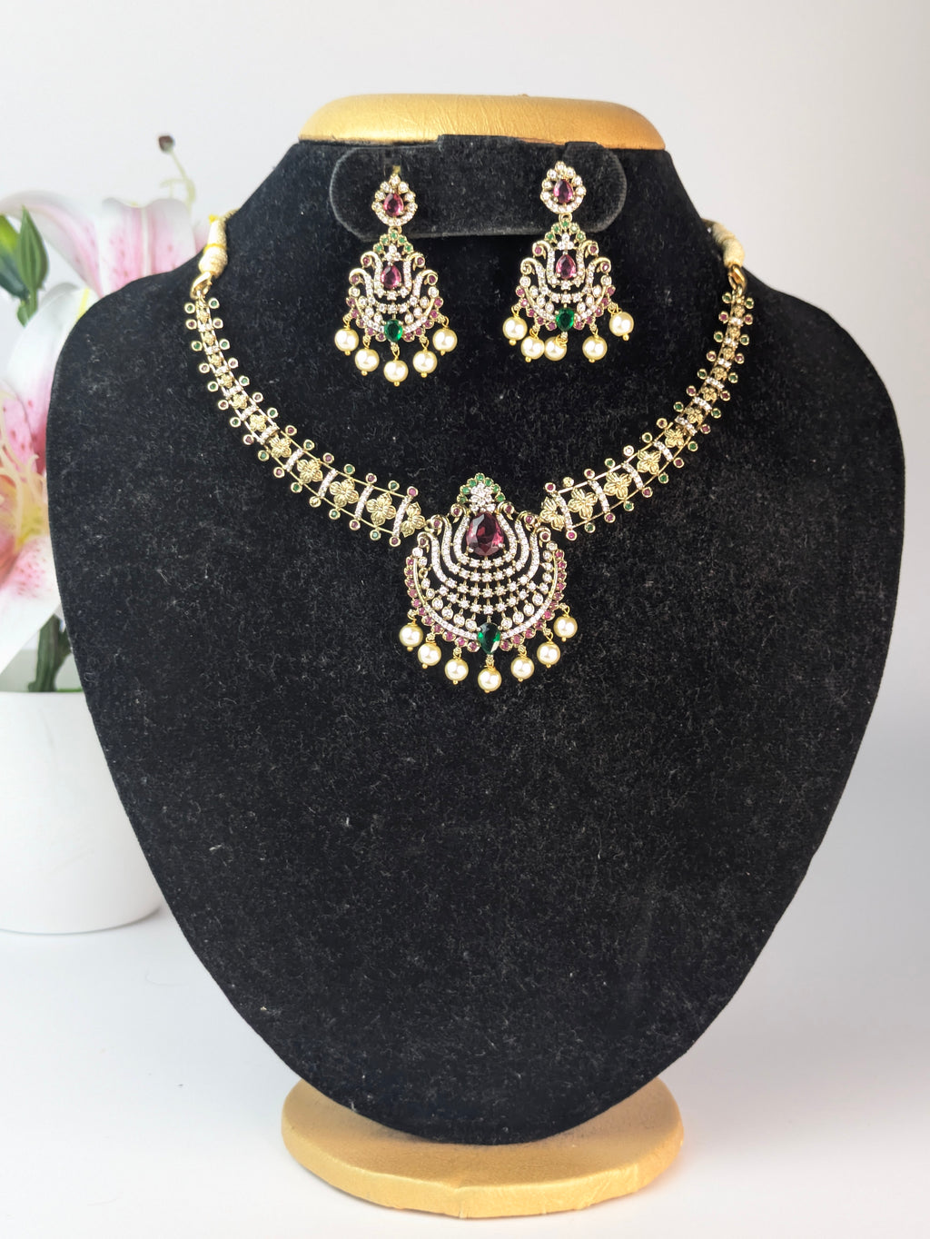 Multi Stone Pearl Drop Hasli Set