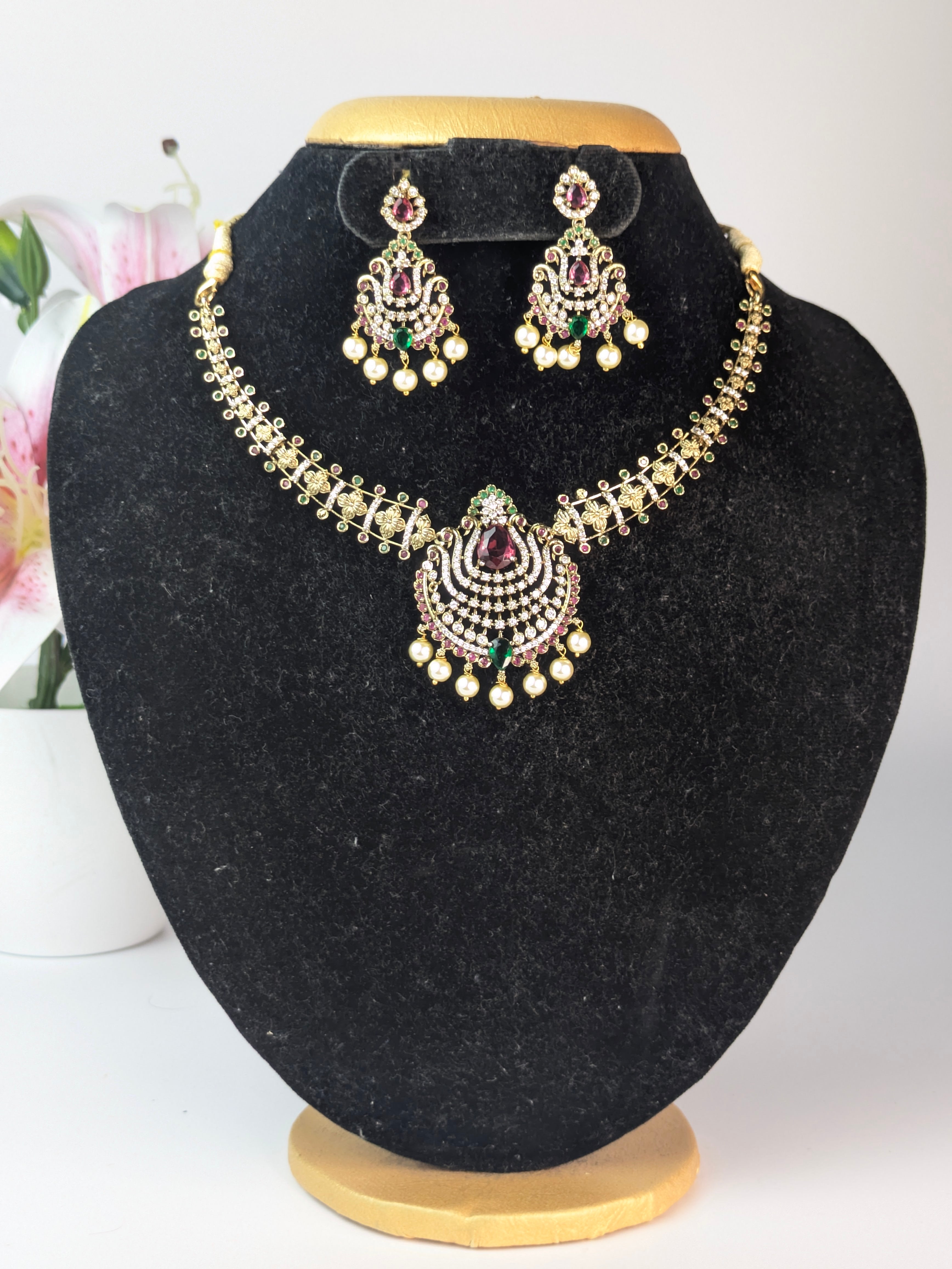 Multi Stone Pearl Drop Hasli Set