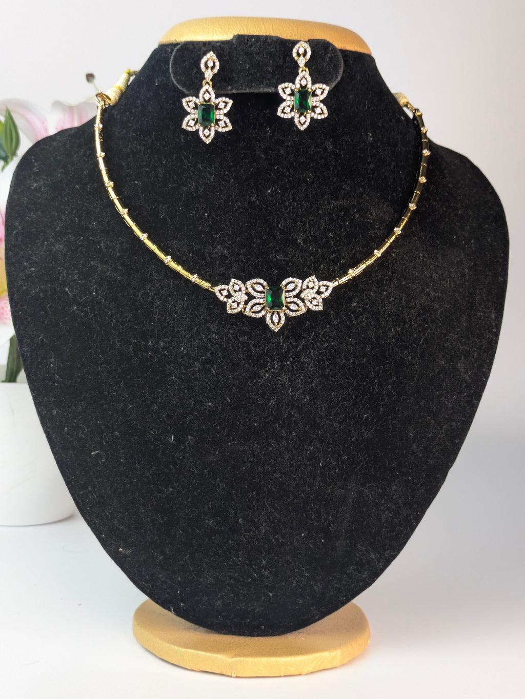 AD Stone Floral Choker-Green