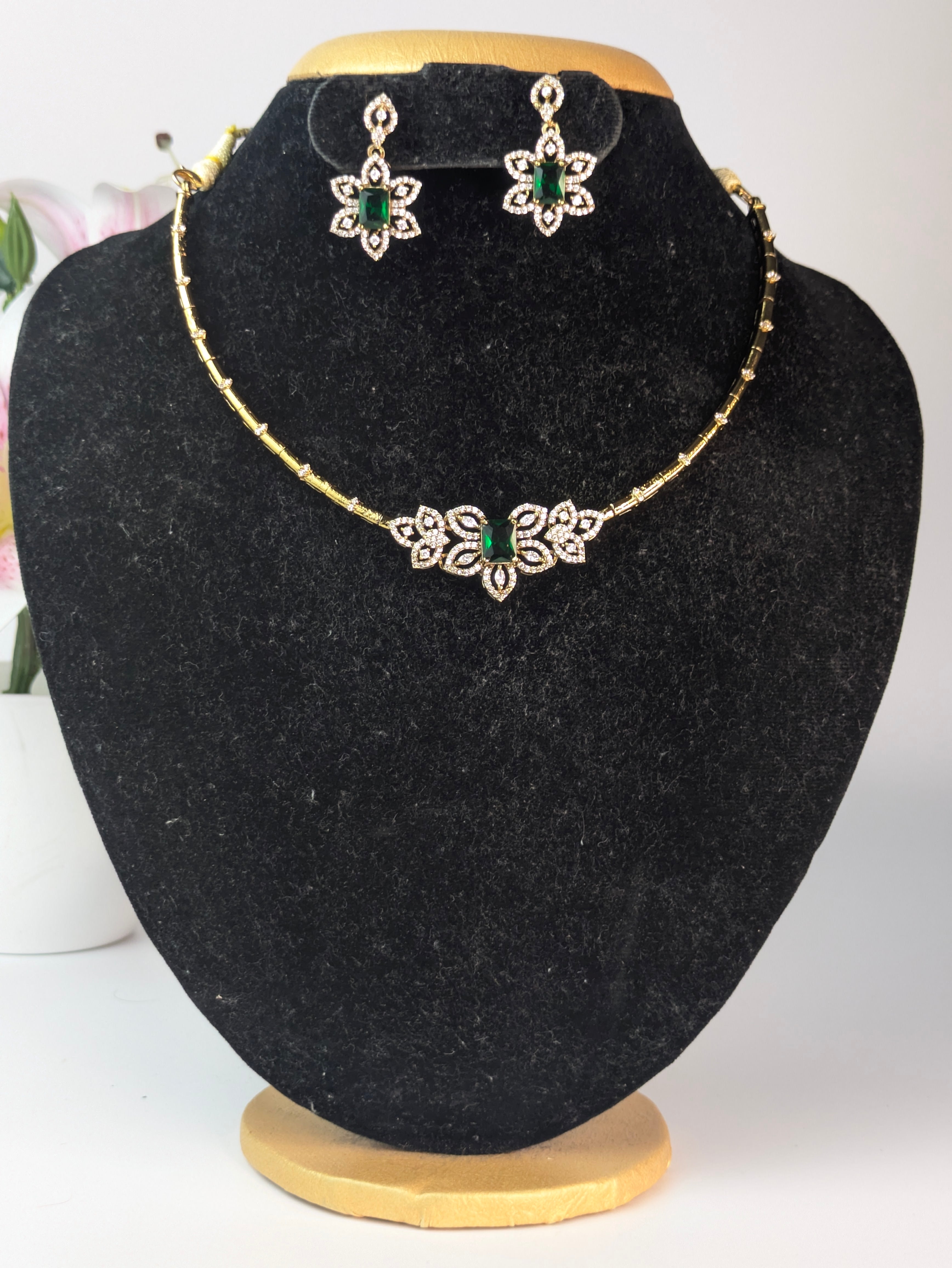 AD Stone Floral Choker-Green