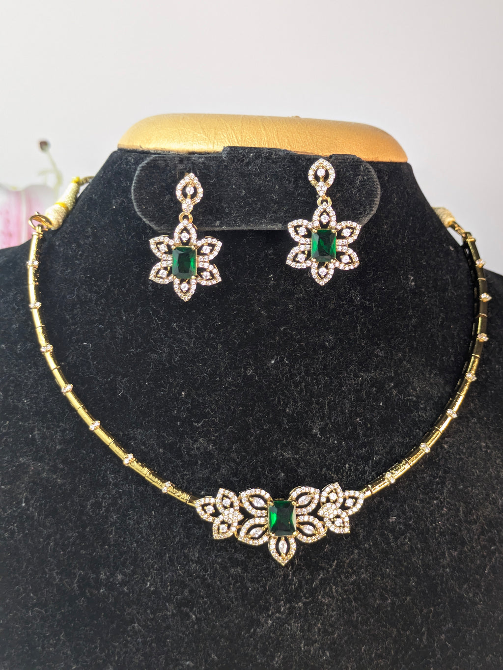 AD Stone Floral Choker-Green
