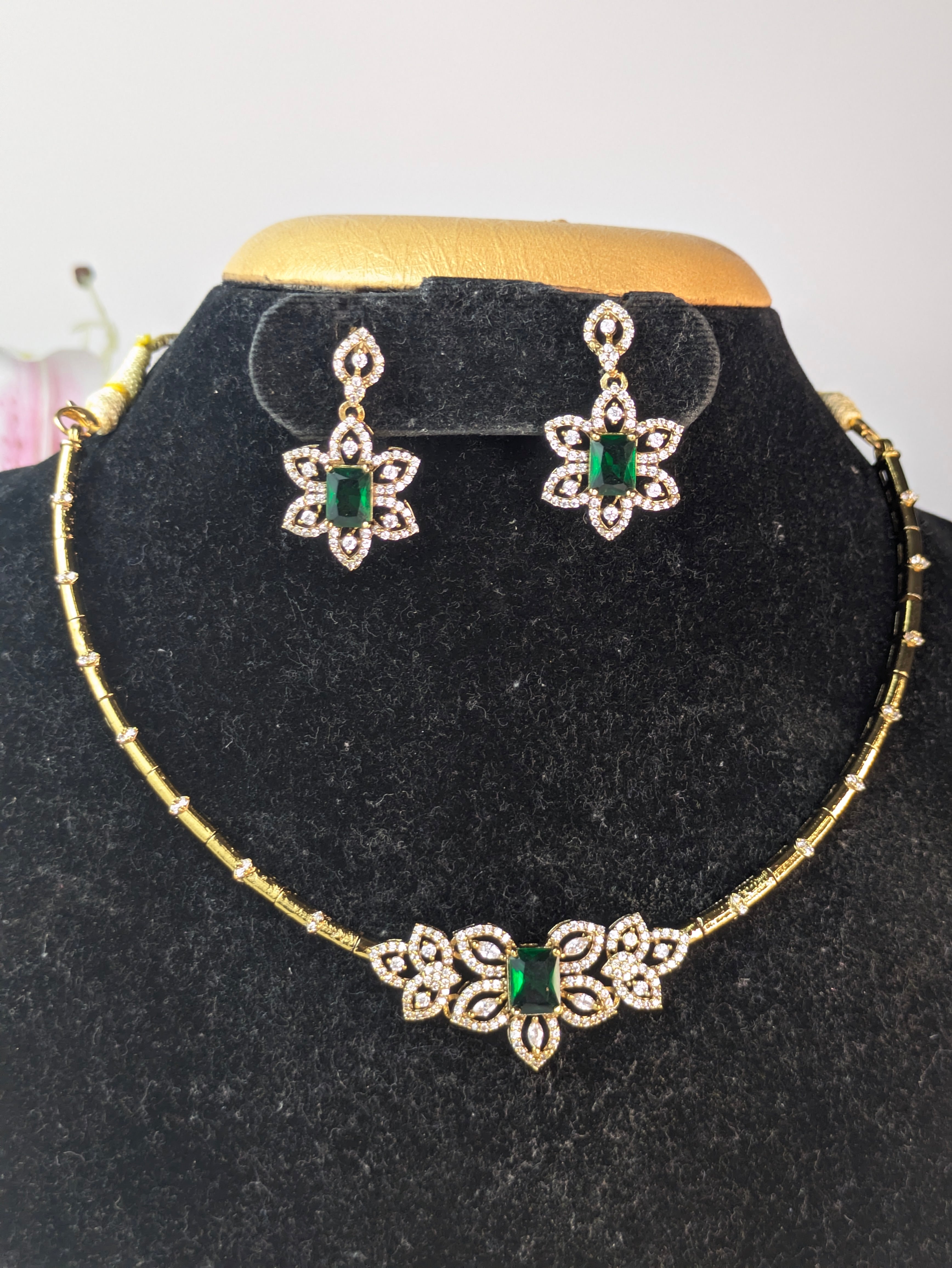 AD Stone Floral Choker-Green