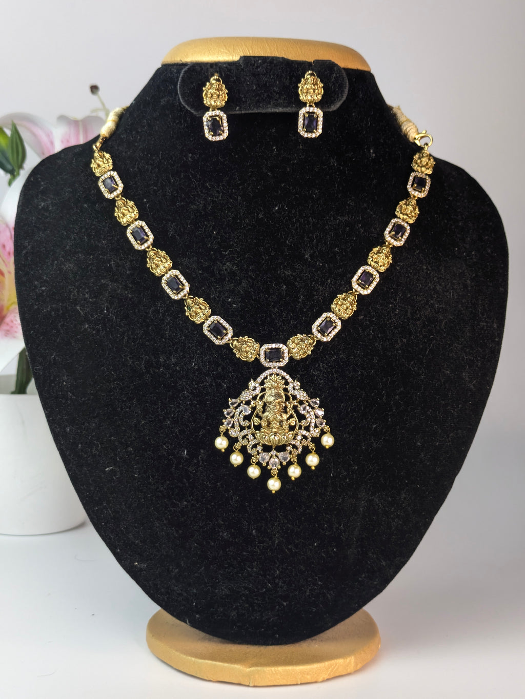 Traditional Lakshmi AD Stone Necklace-Violet