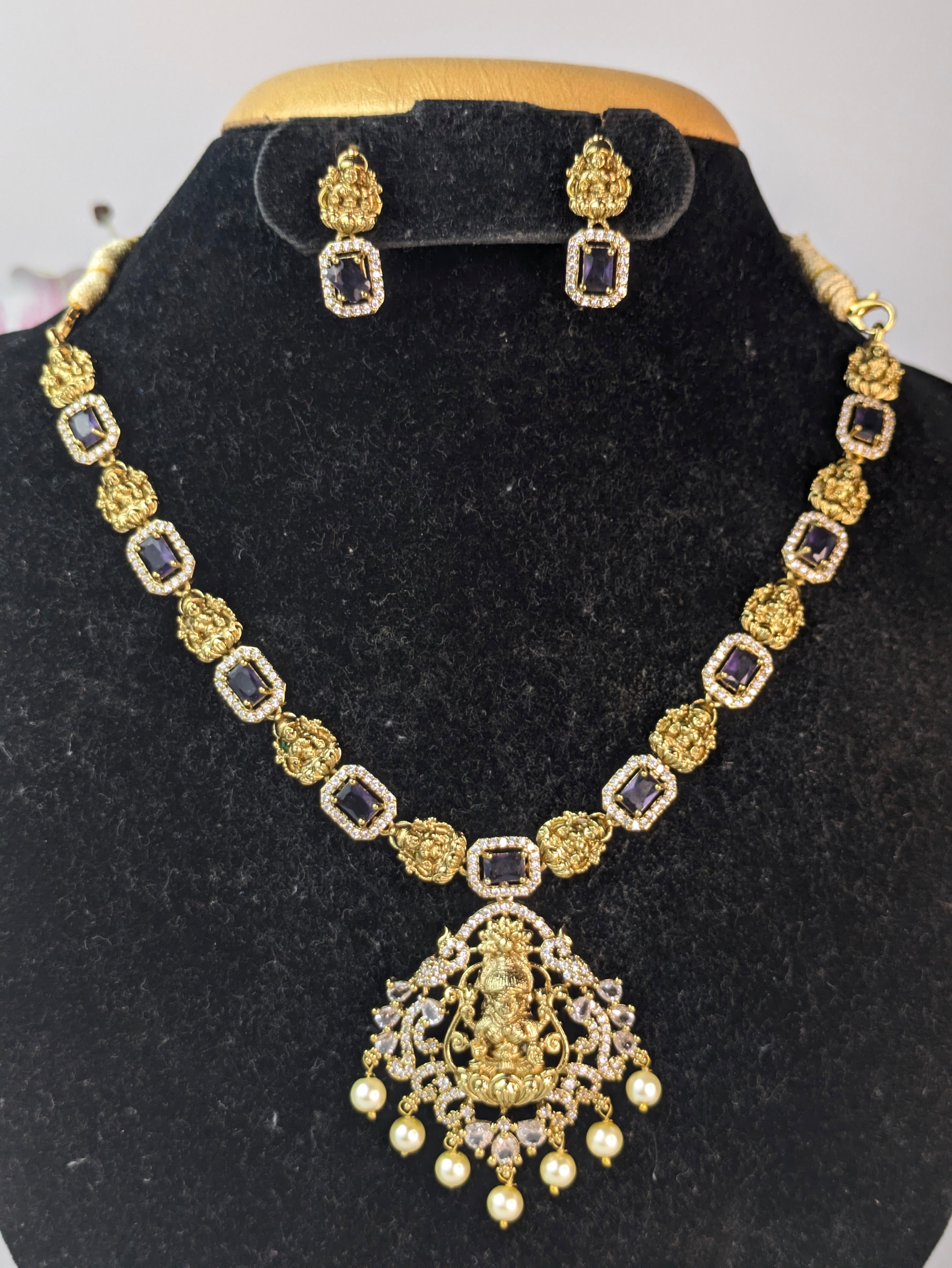 Traditional Lakshmi AD Stone Necklace-Violet
