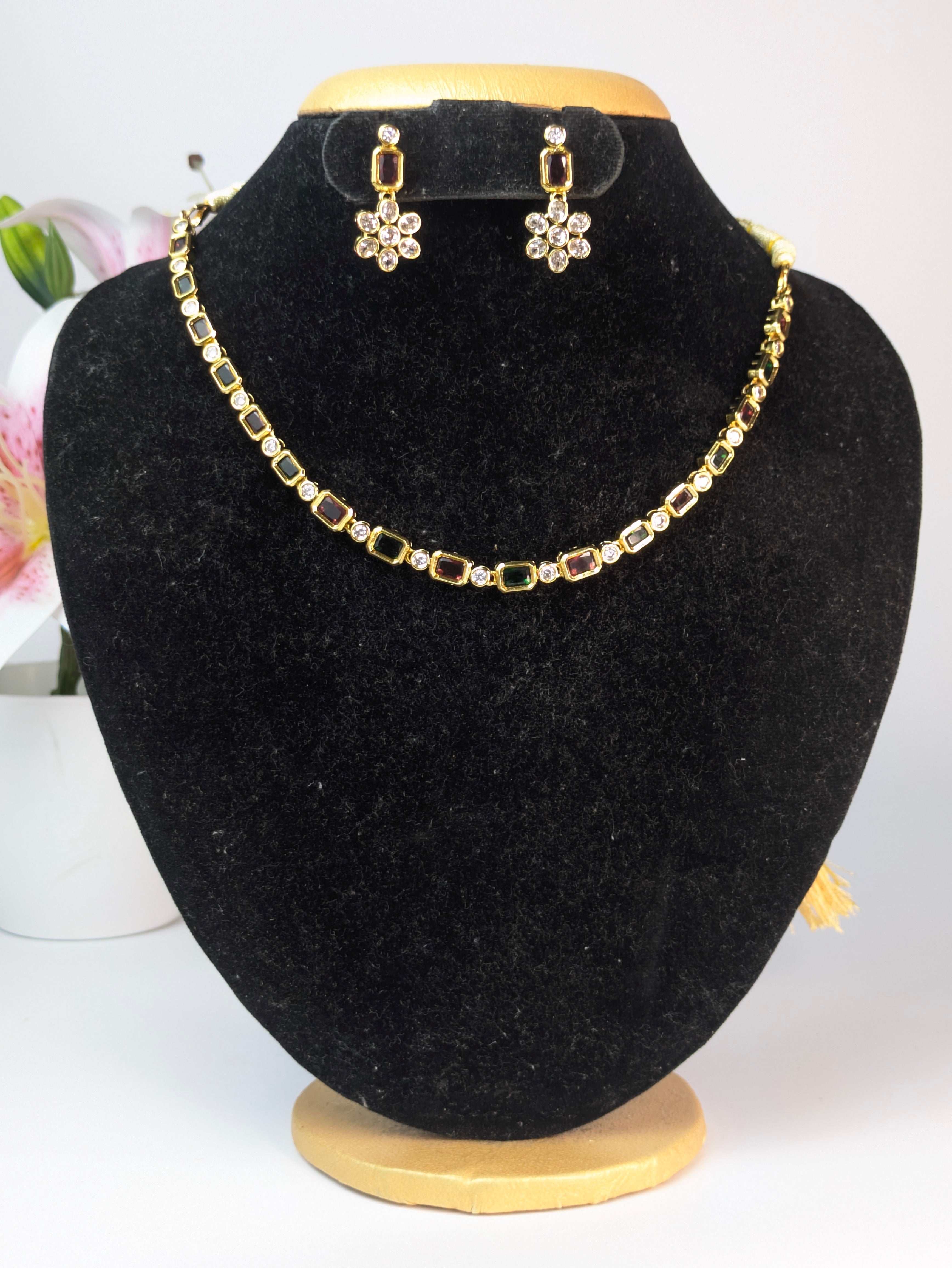 Multicolor Navaratna-Style Block Stone Necklace Set