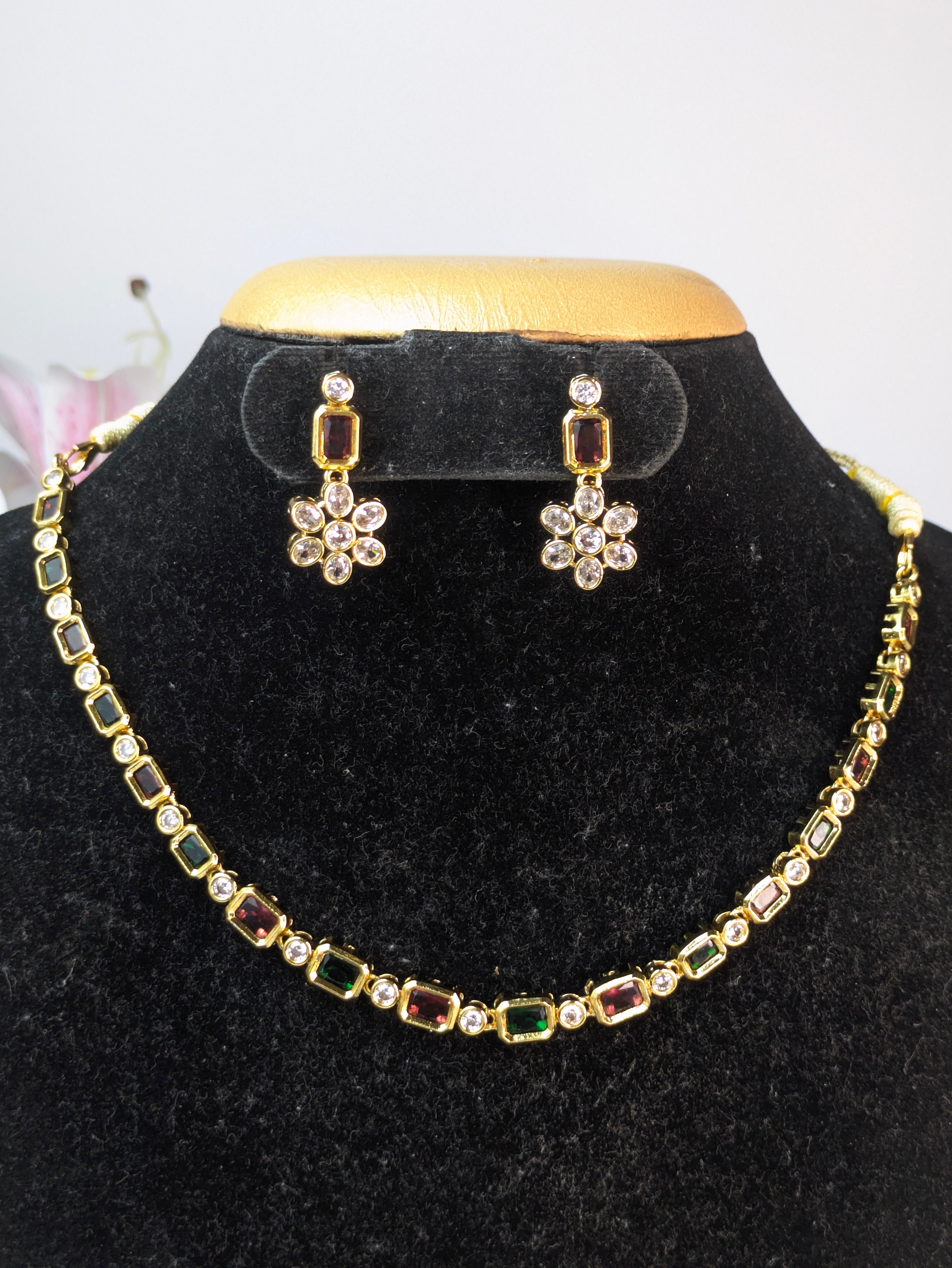 Multicolor Navaratna-Style Block Stone Necklace Set