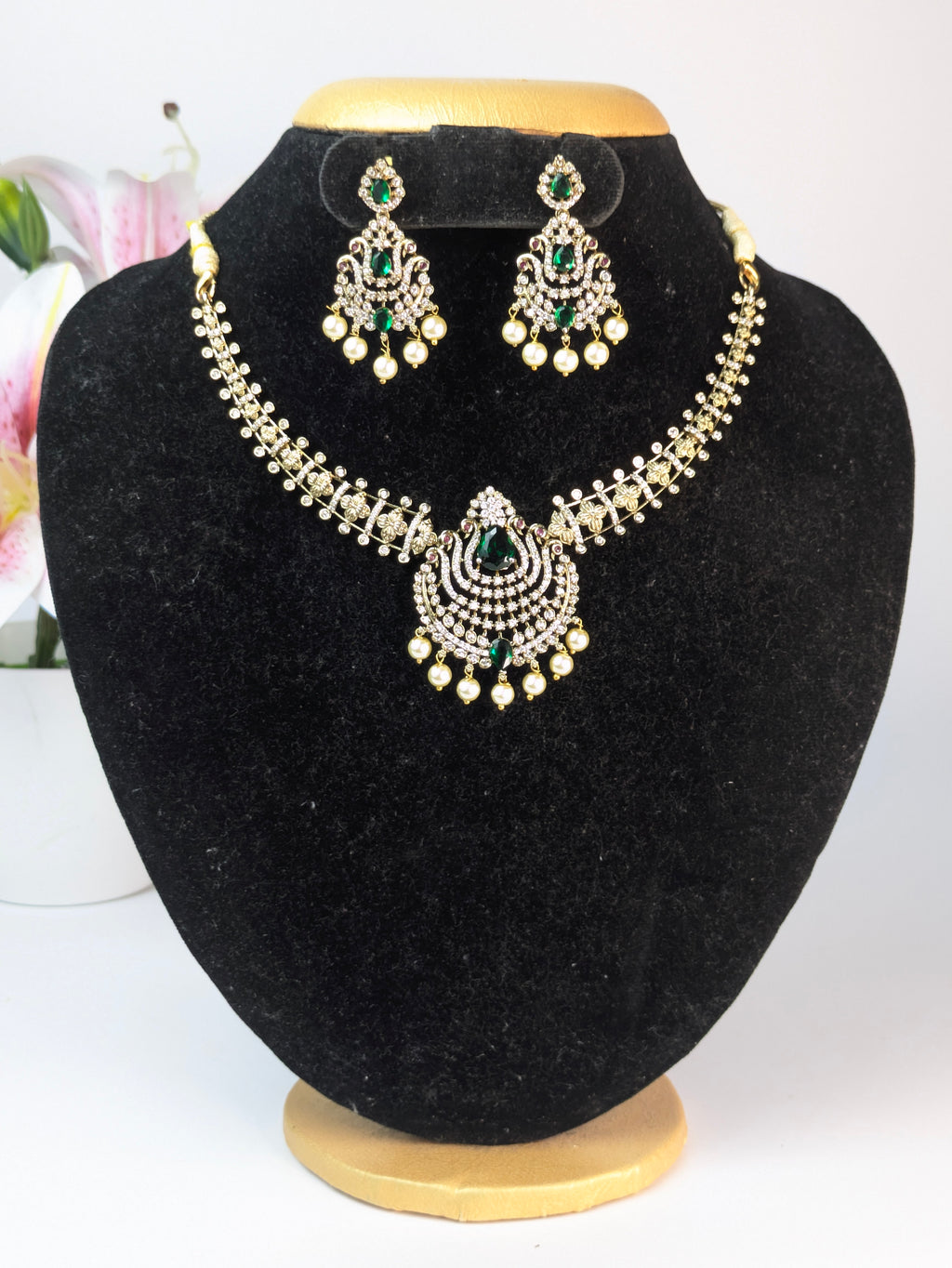 AD Stone Pearl Hanging Choker-Green