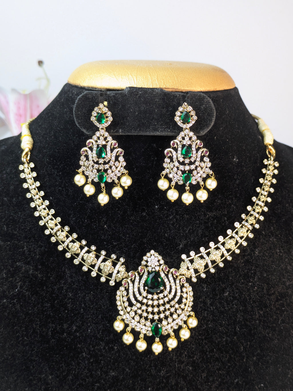 AD Stone Pearl Hanging Choker-Green