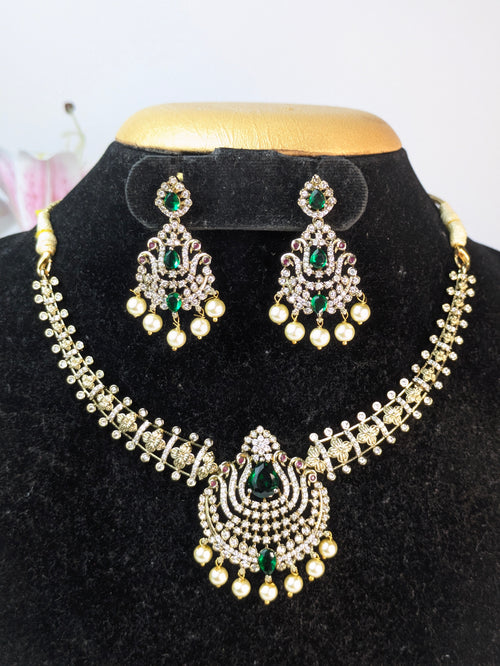 AD Stone Pearl Hanging Choker-Green