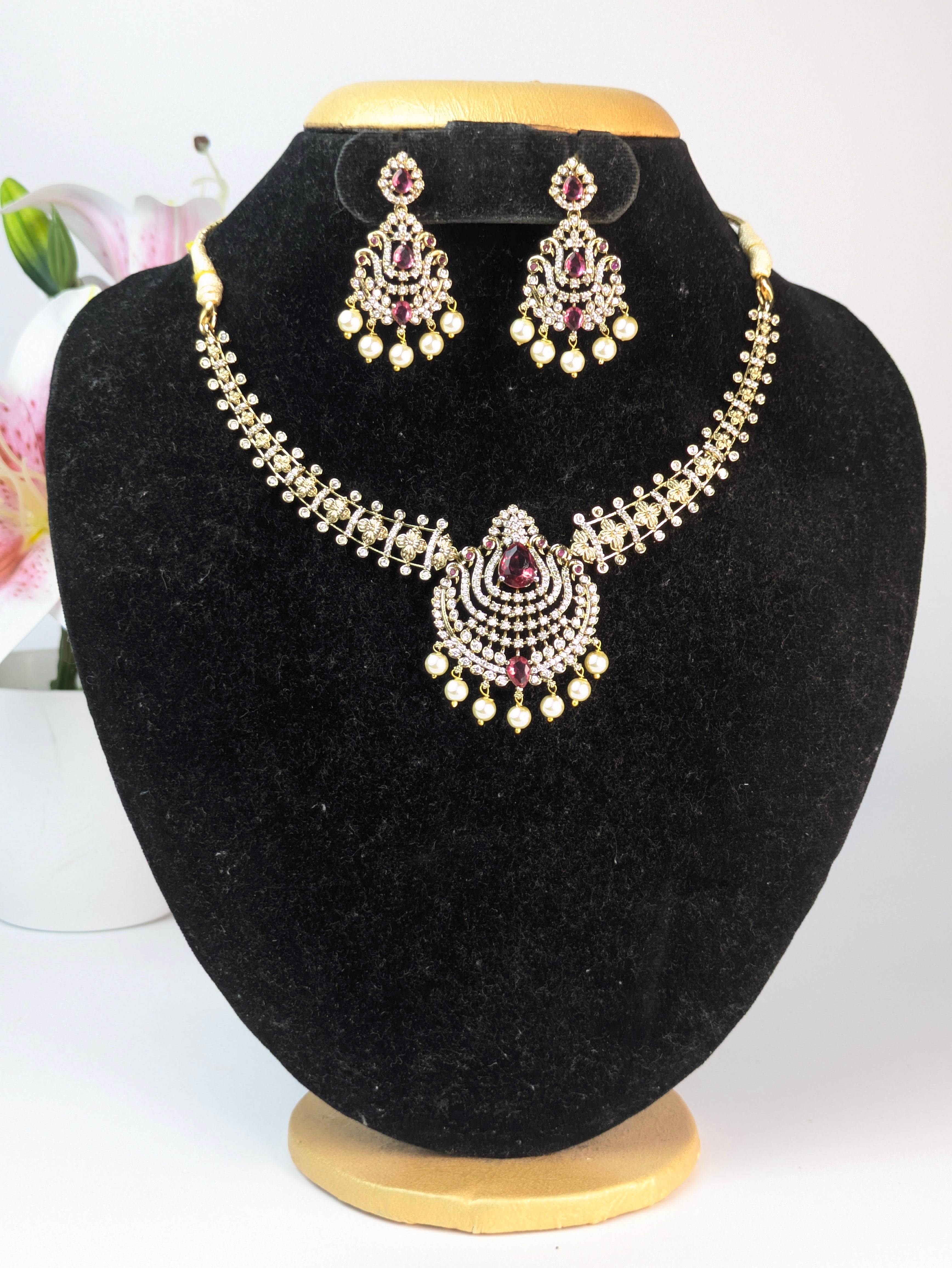 Ruby Stone Pearl Drop Hasli Set