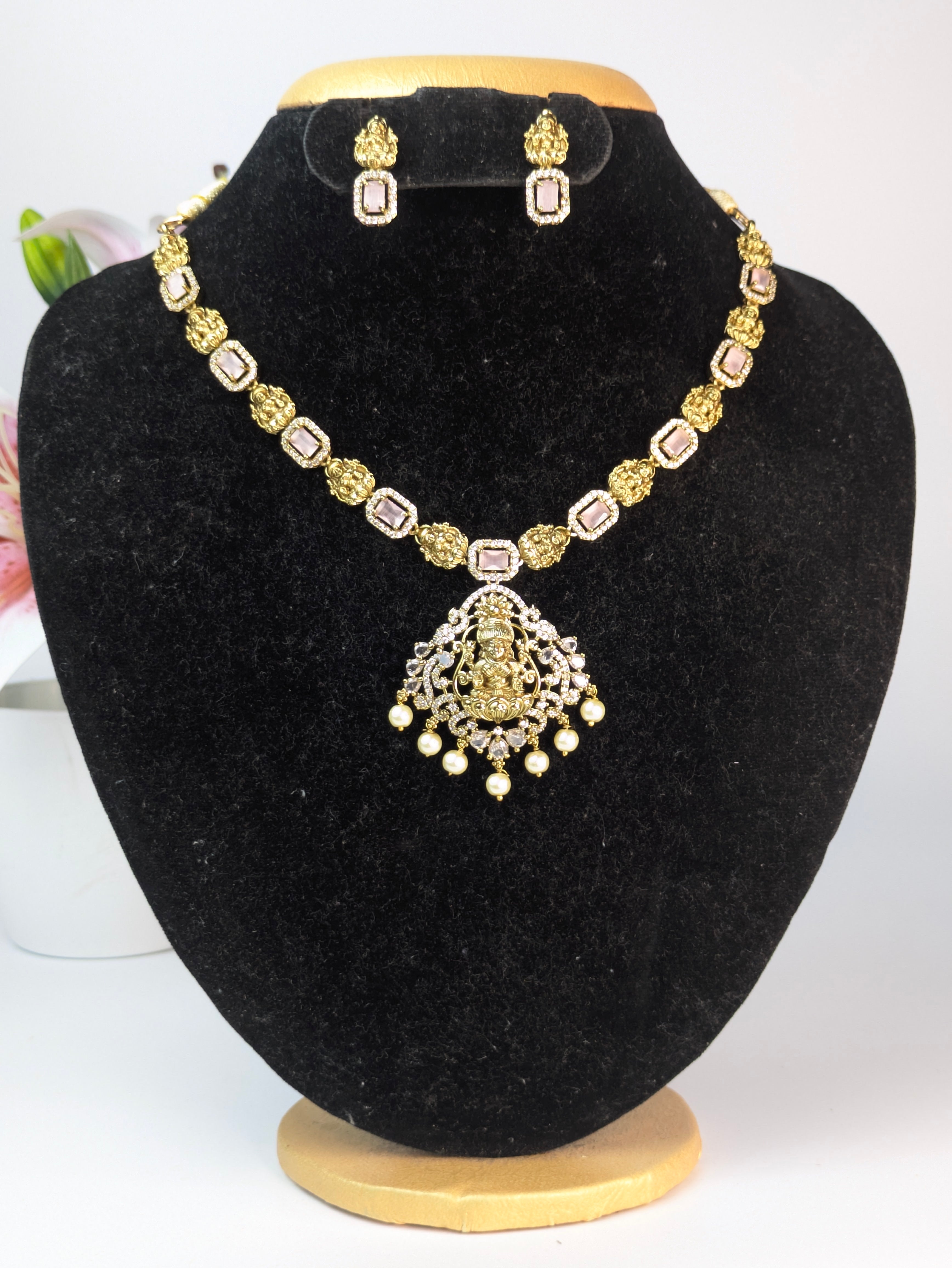 Traditional Lakshmi AD Stone Necklace-Pink