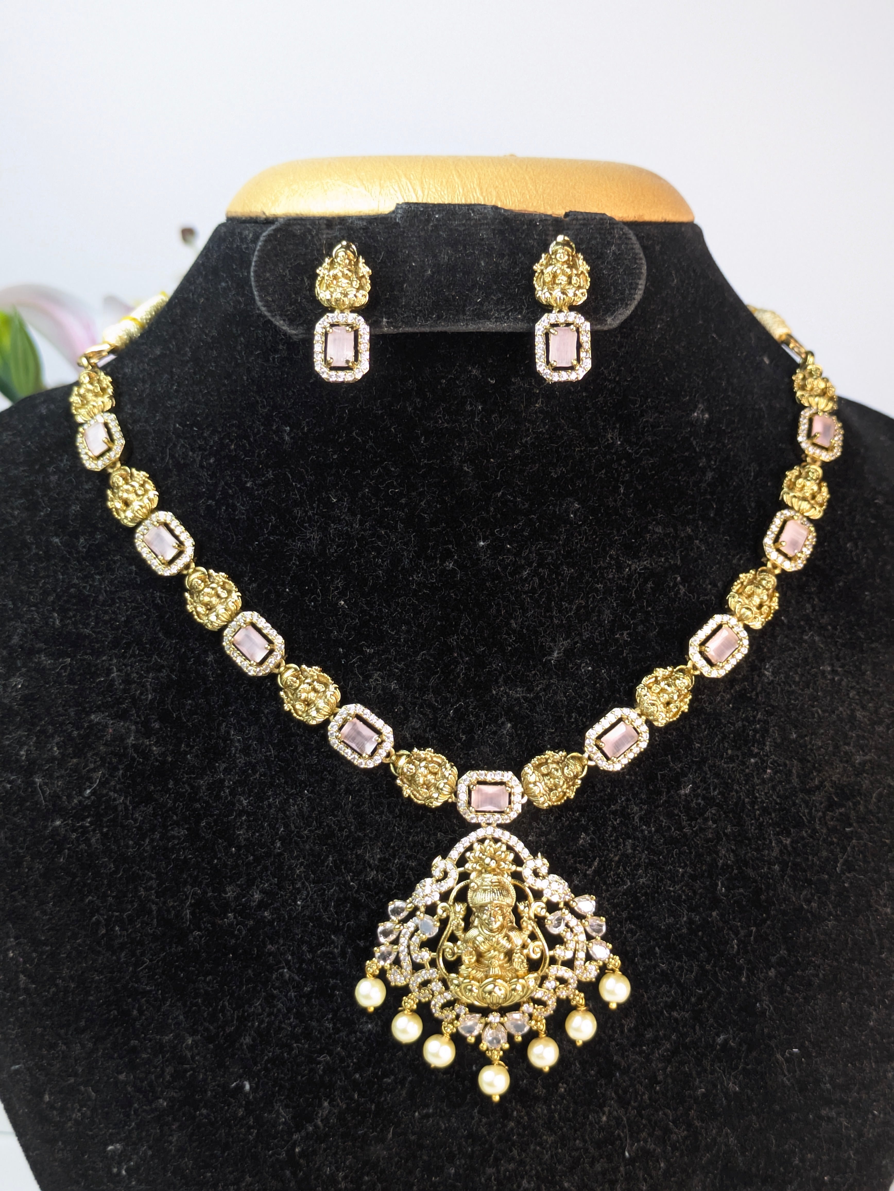 Traditional Lakshmi AD Stone Necklace-Pink