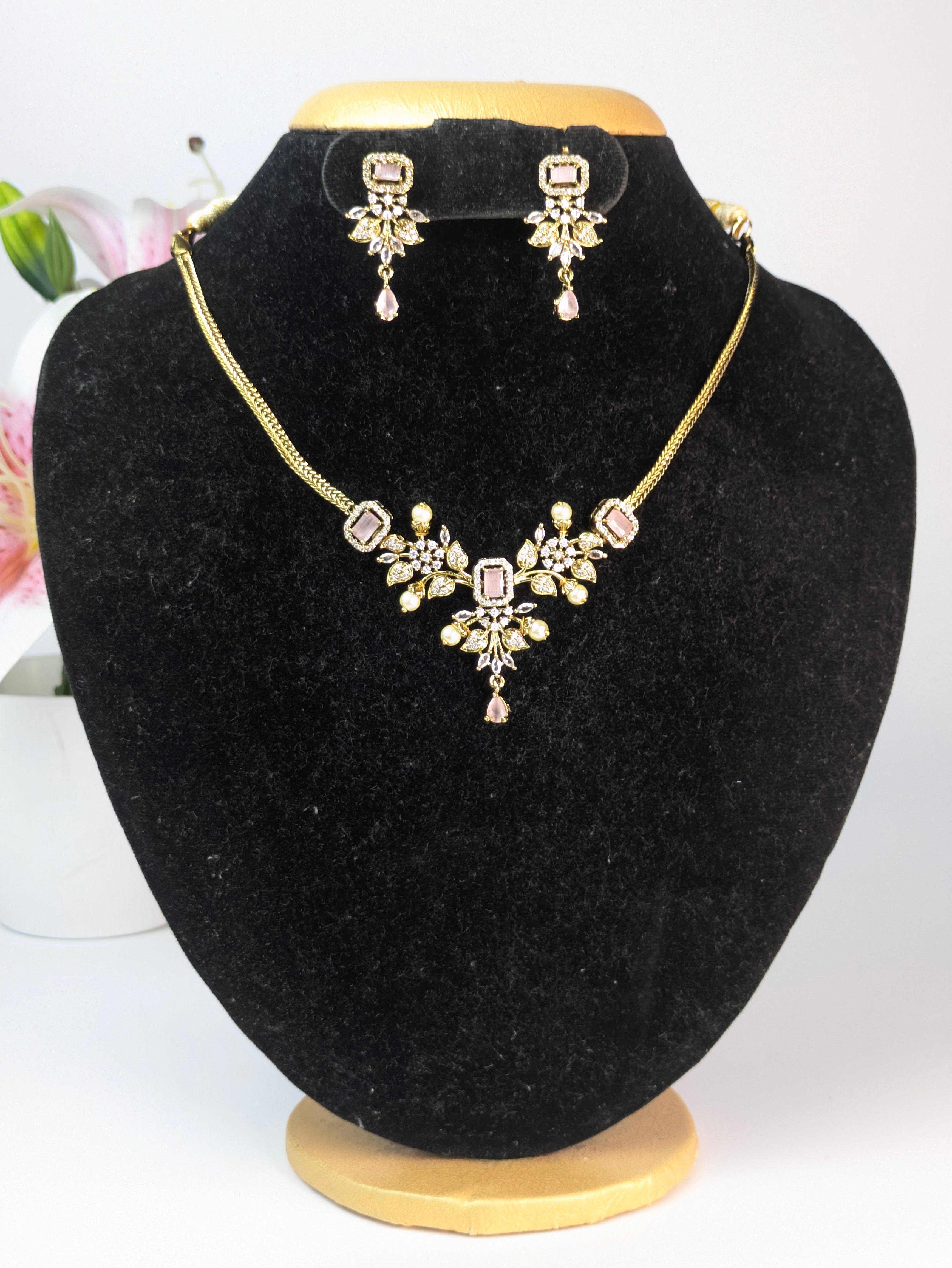 Pink AD short Necklace Set