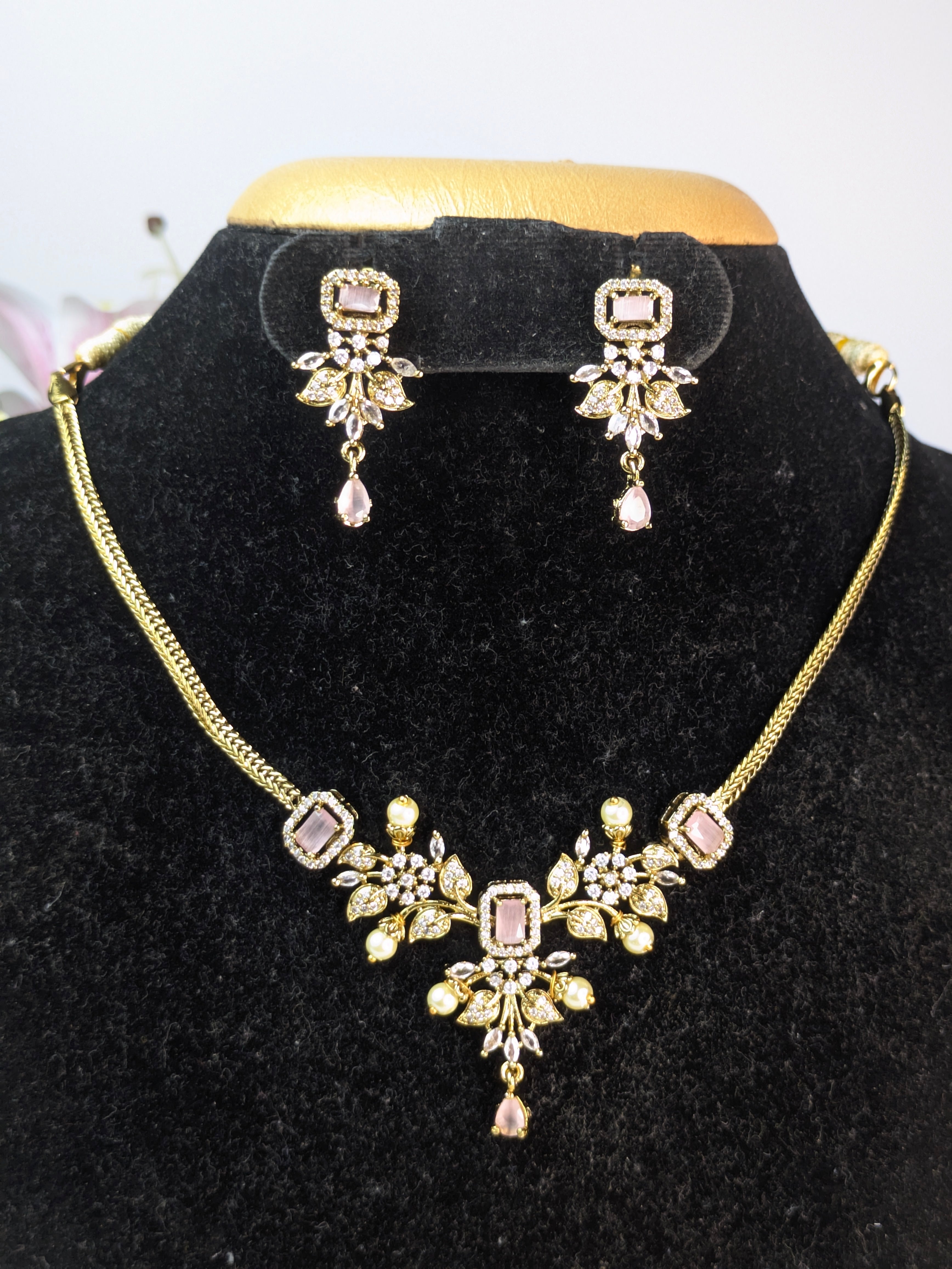 Pink AD short Necklace Set