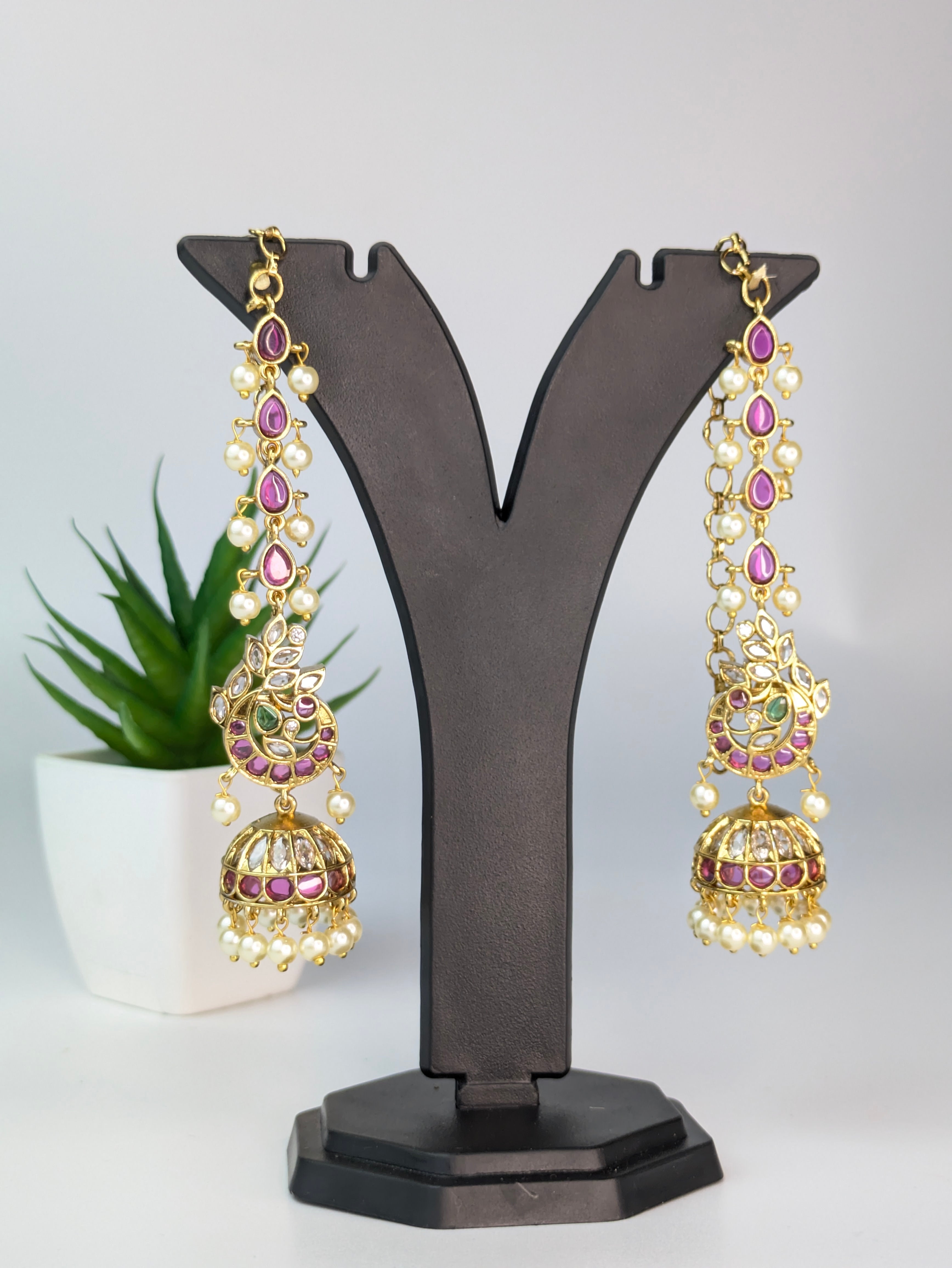Kemp Stone Jhumka with Ear Chains