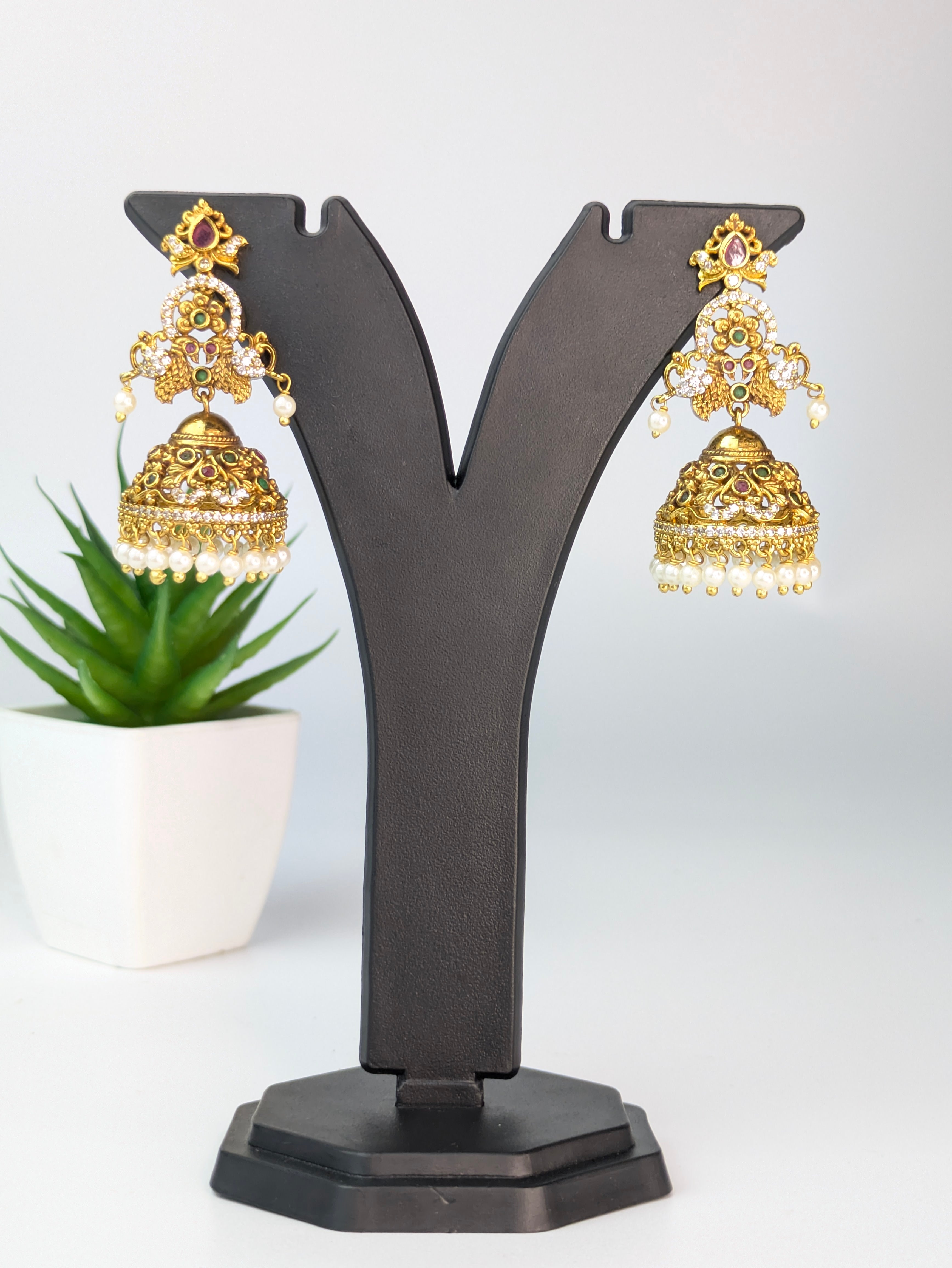 Gold-Plated Pearl Drop Jhumka Earrings