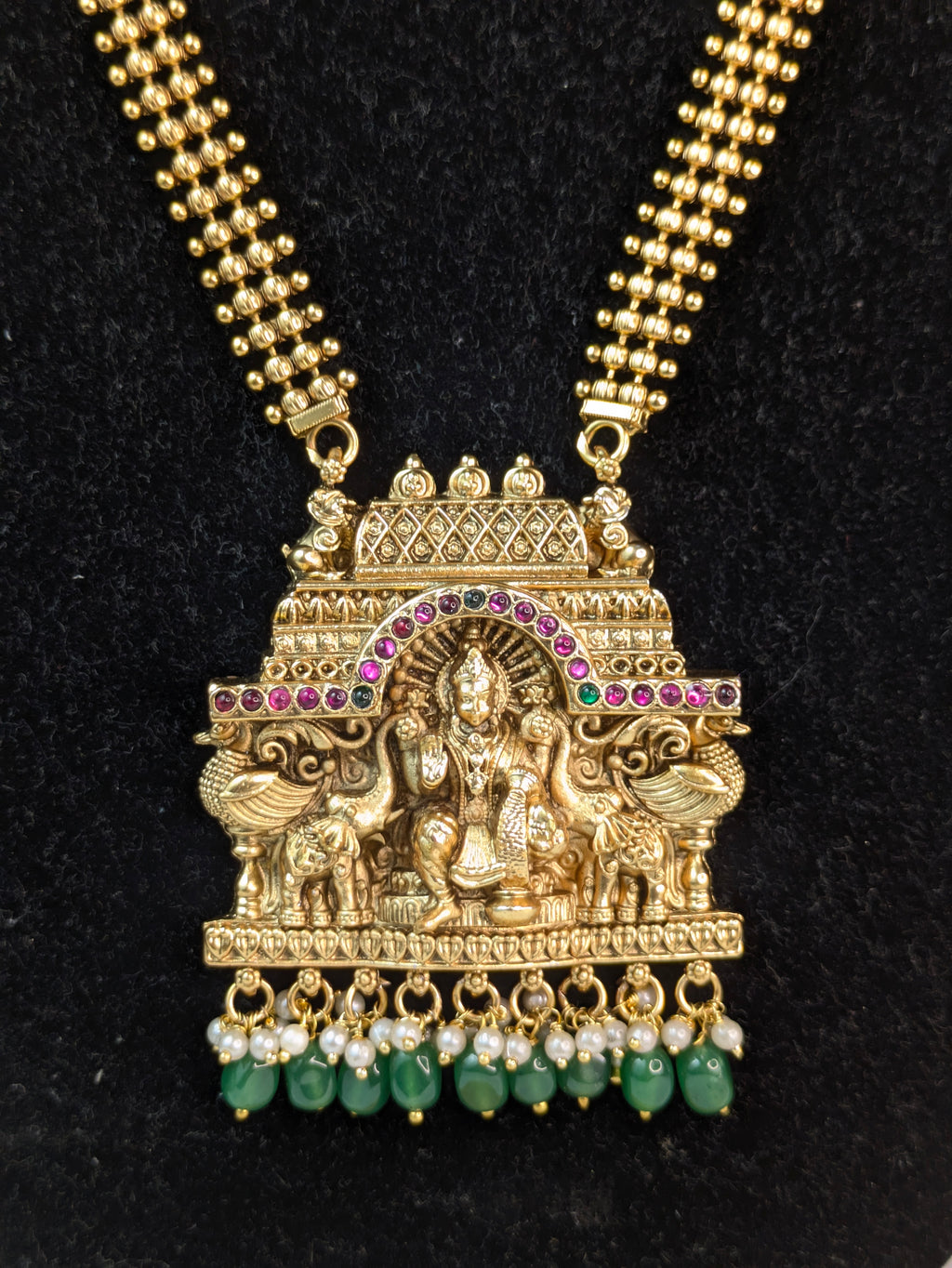 Rectangular temple-style gold plate haram-Green