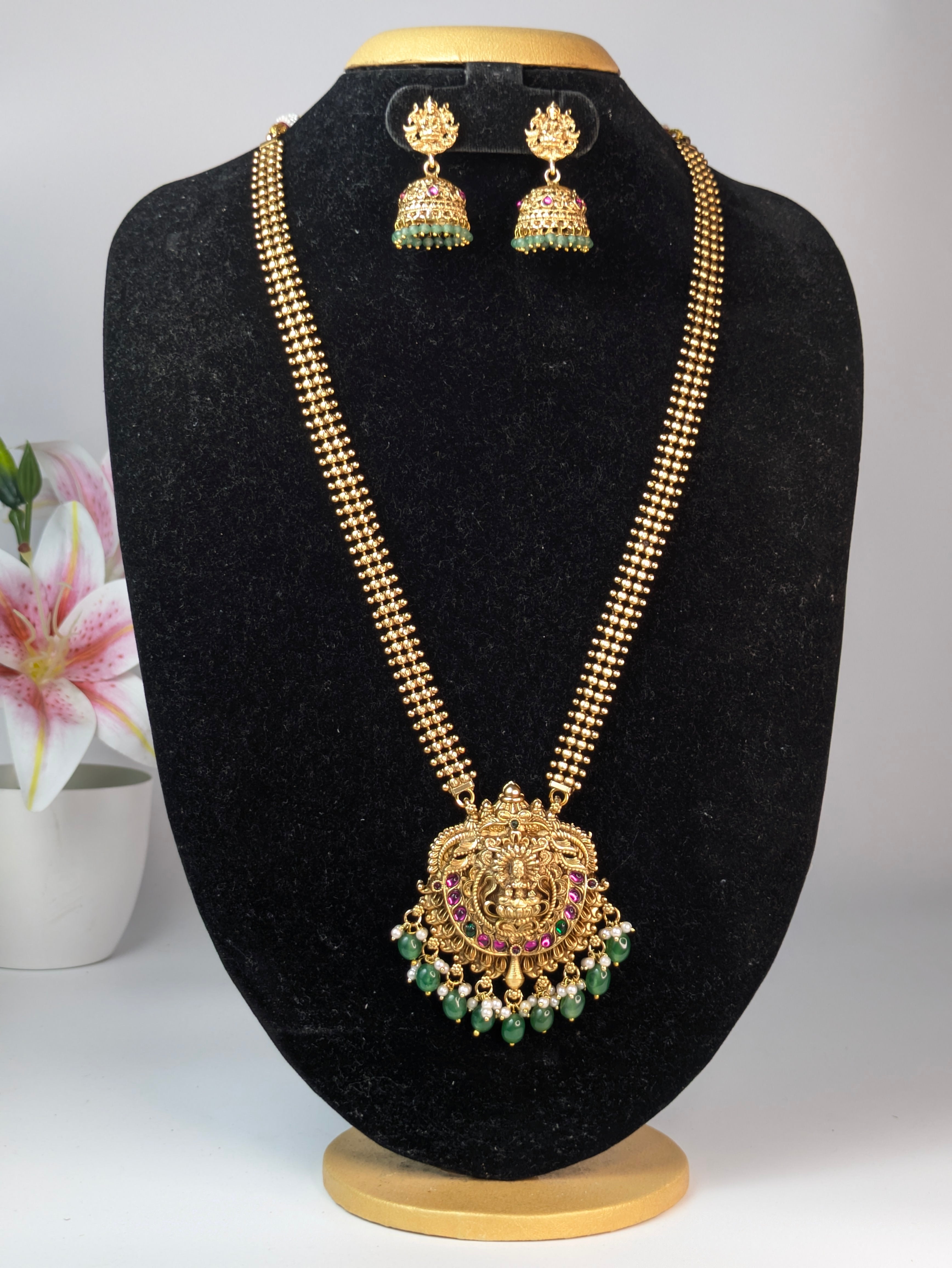 Lakshmi pendant long haram-Green