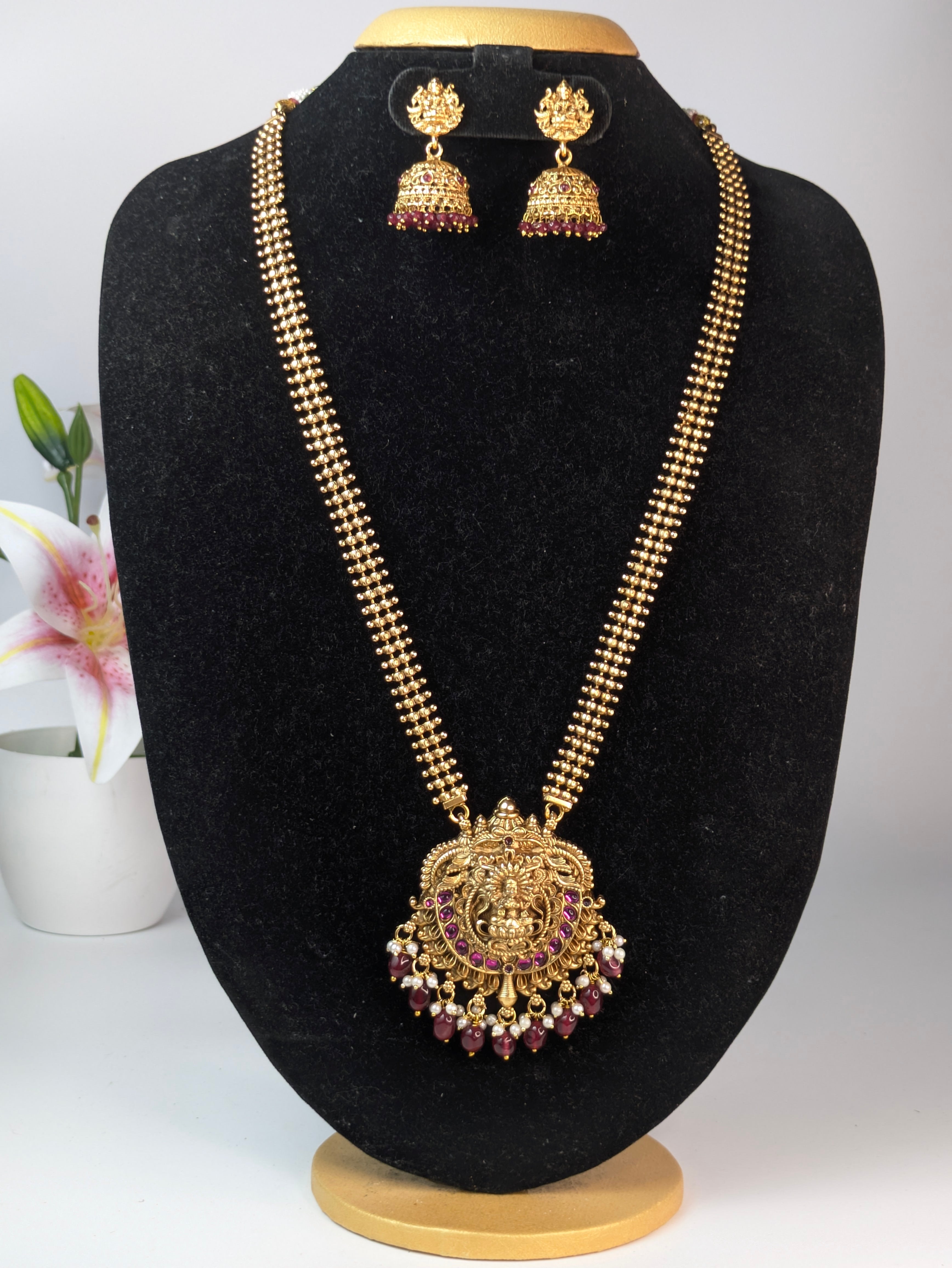 Lakshmi pendant long haram-Pink