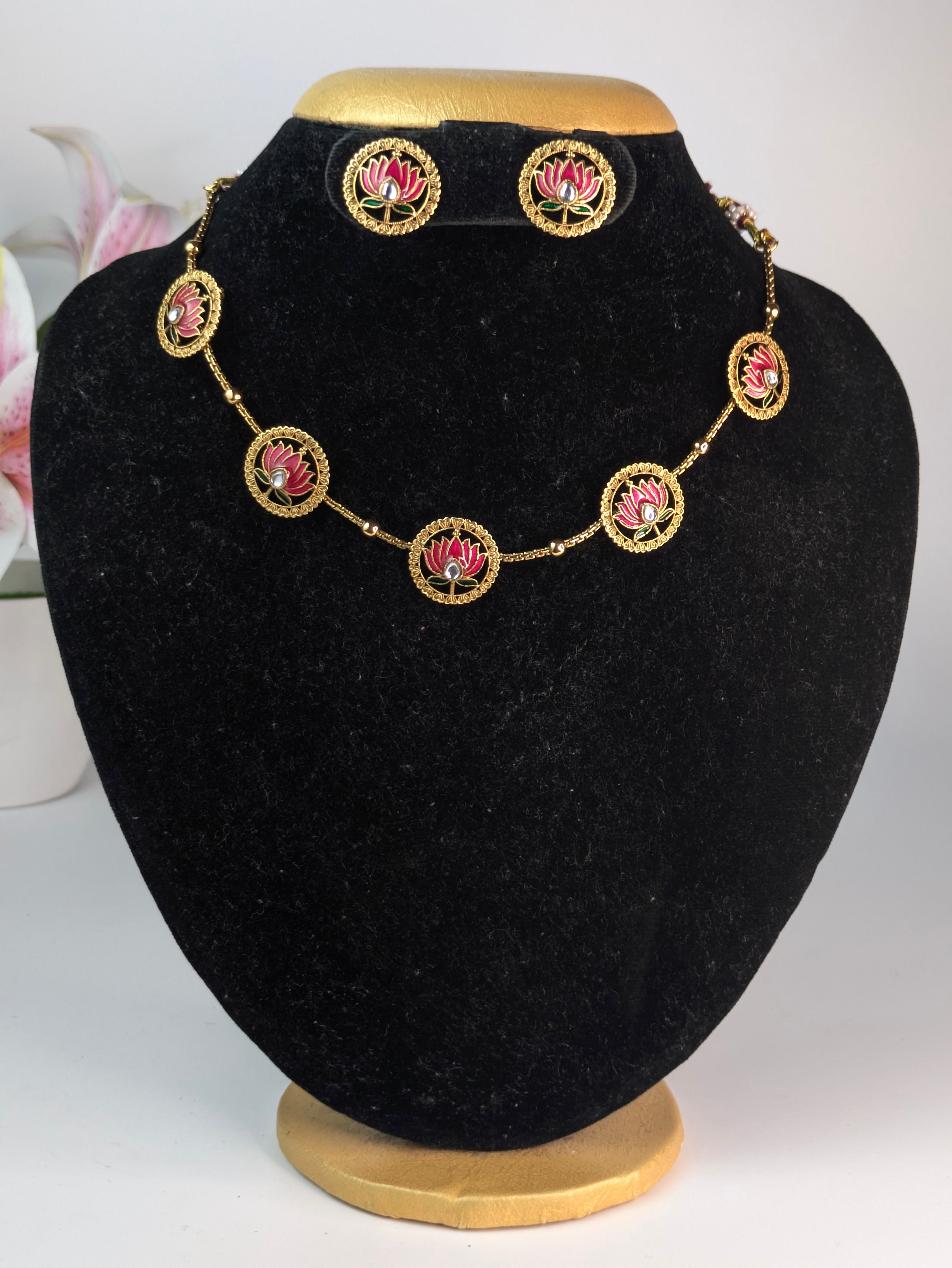 Meenakari Pink Lotus Choker/Necklace Set