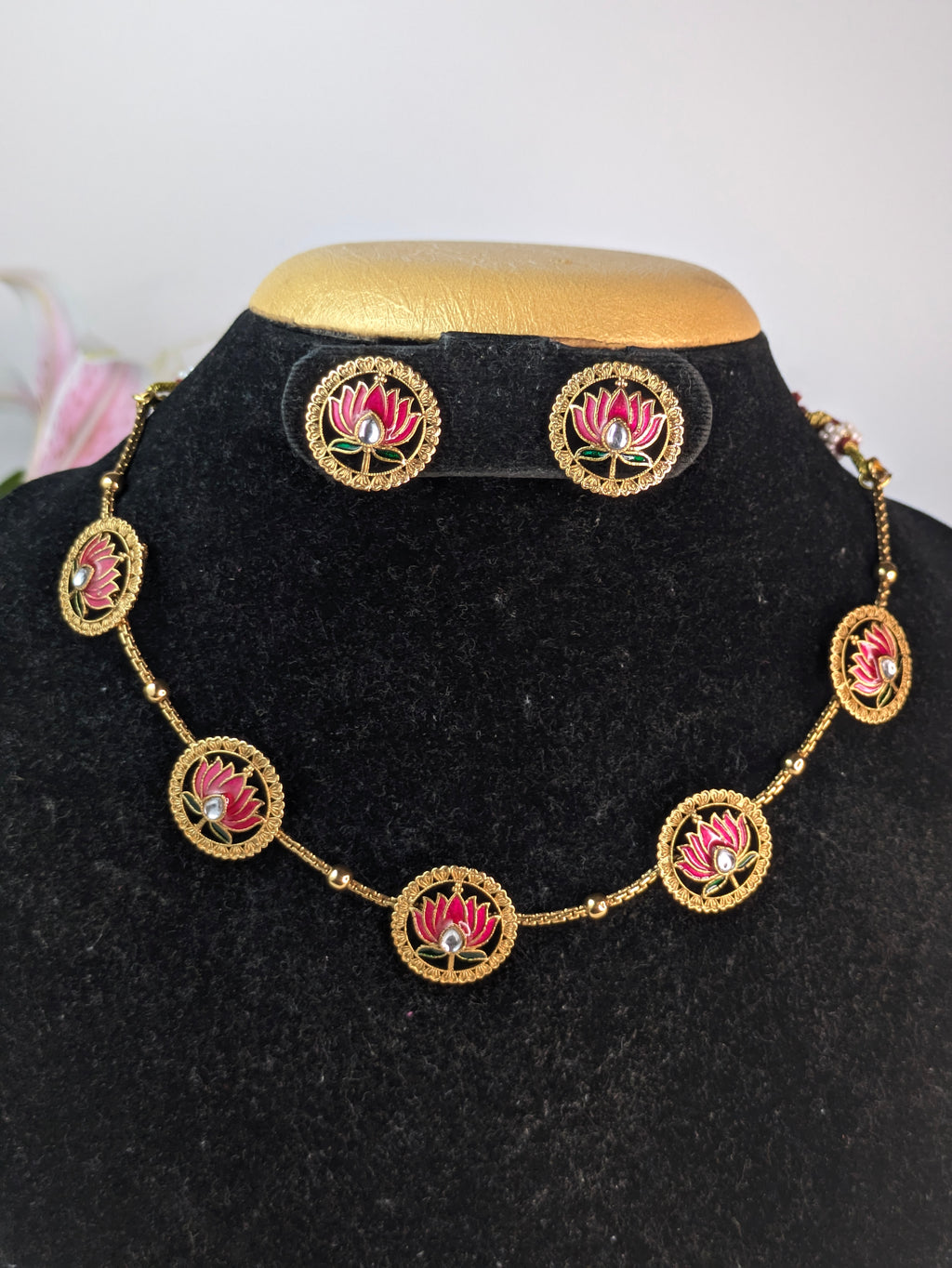 Meenakari Pink Lotus Choker/Necklace Set