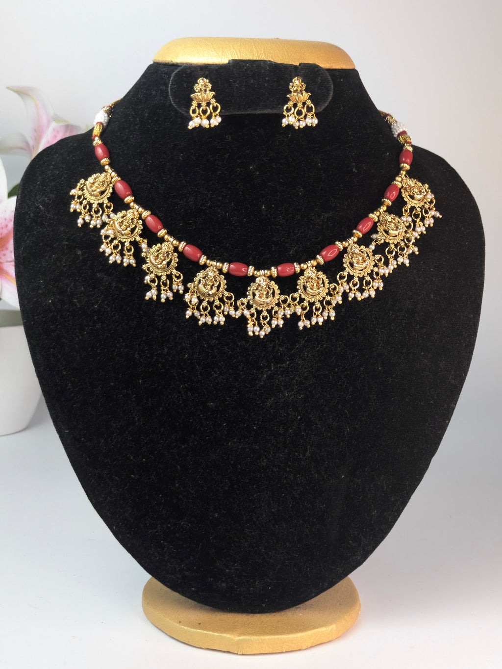 Traditional South Indian Coral and Temple Jewelry Necklace