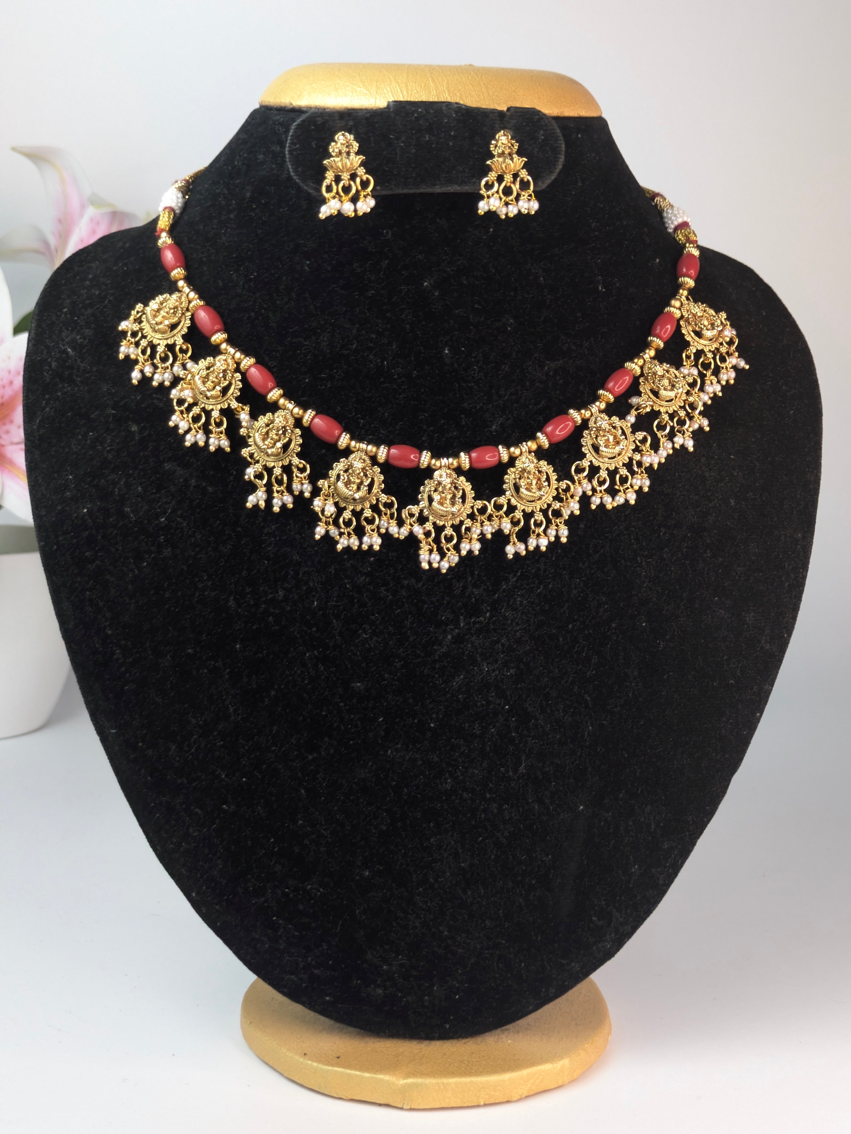 Traditional South Indian Coral and Temple Jewelry Necklace