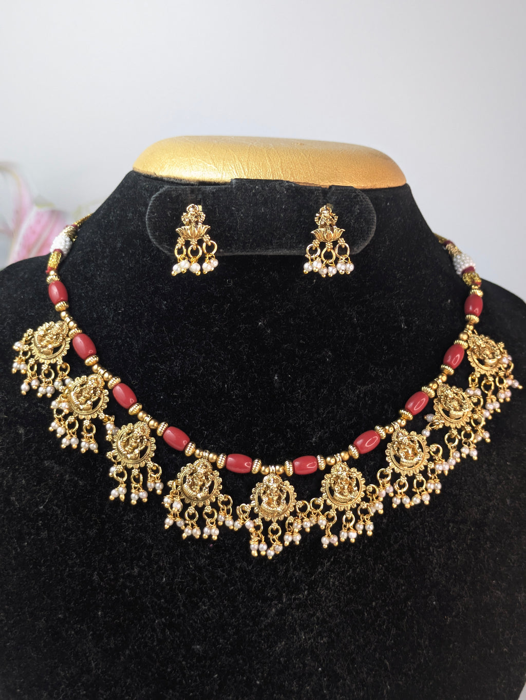 Traditional South Indian Coral and Temple Jewelry Necklace