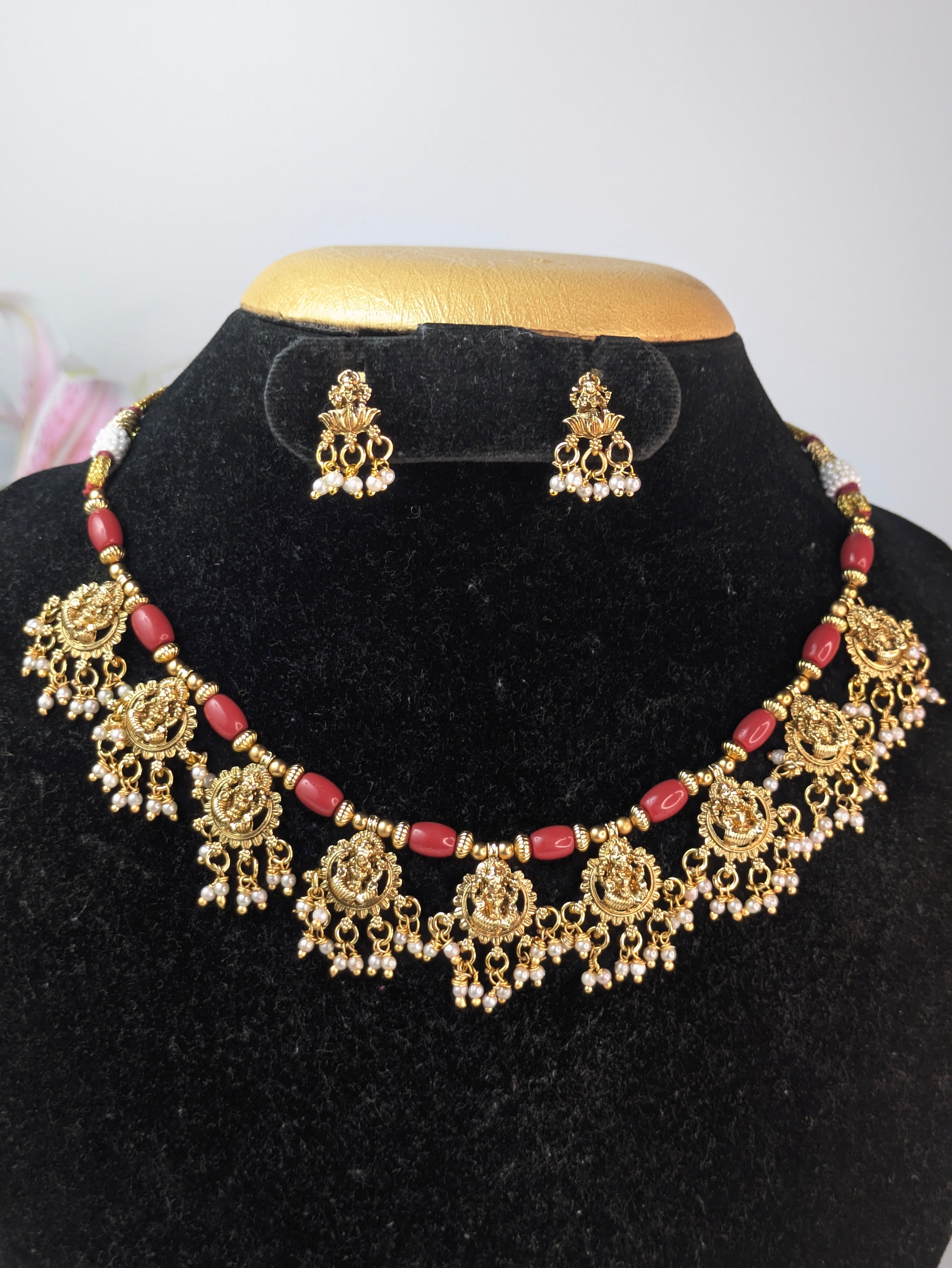 Traditional South Indian Coral and Temple Jewelry Necklace