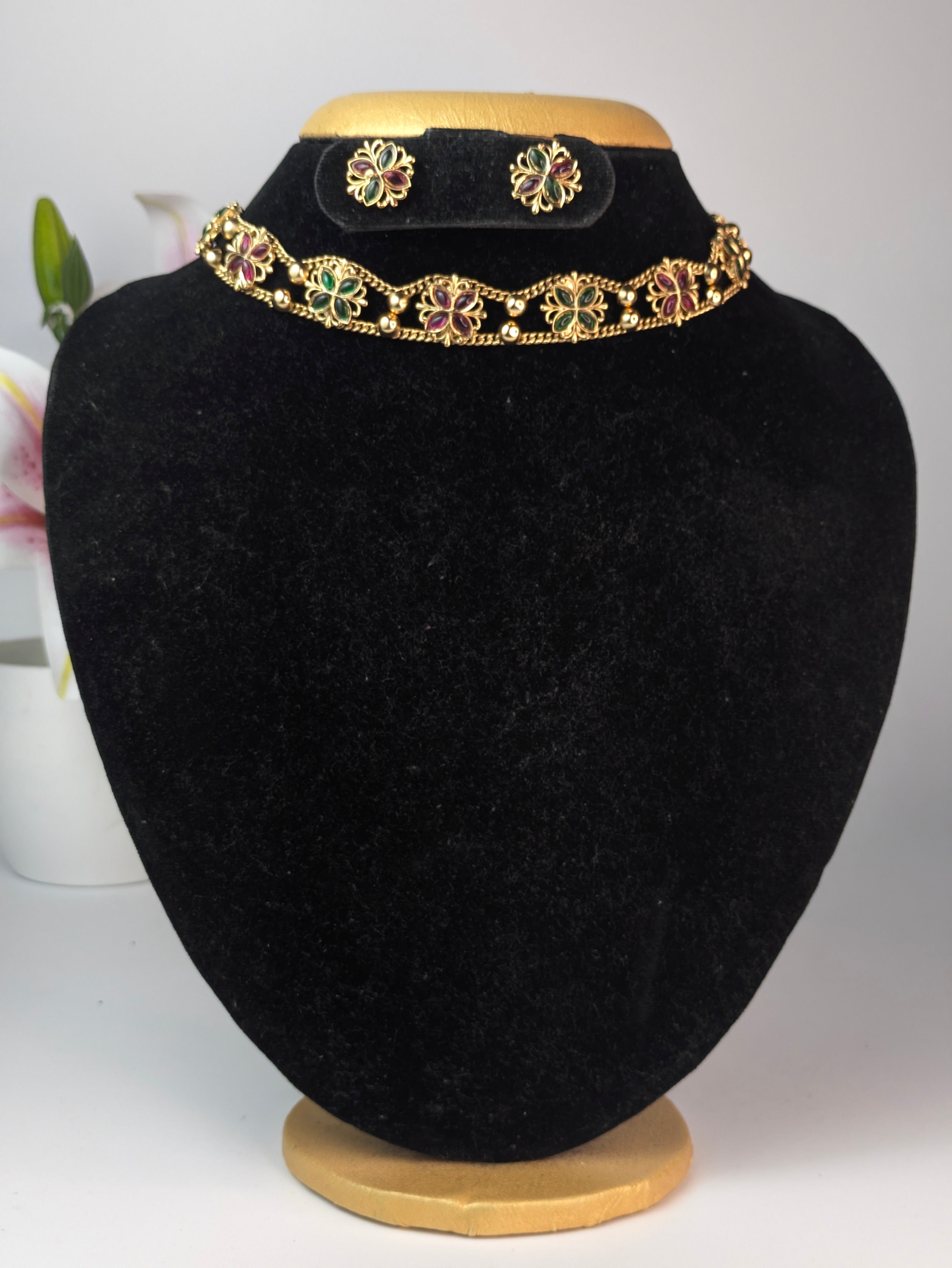 Gold Tone Floral Choker Necklace with Red Green Stones