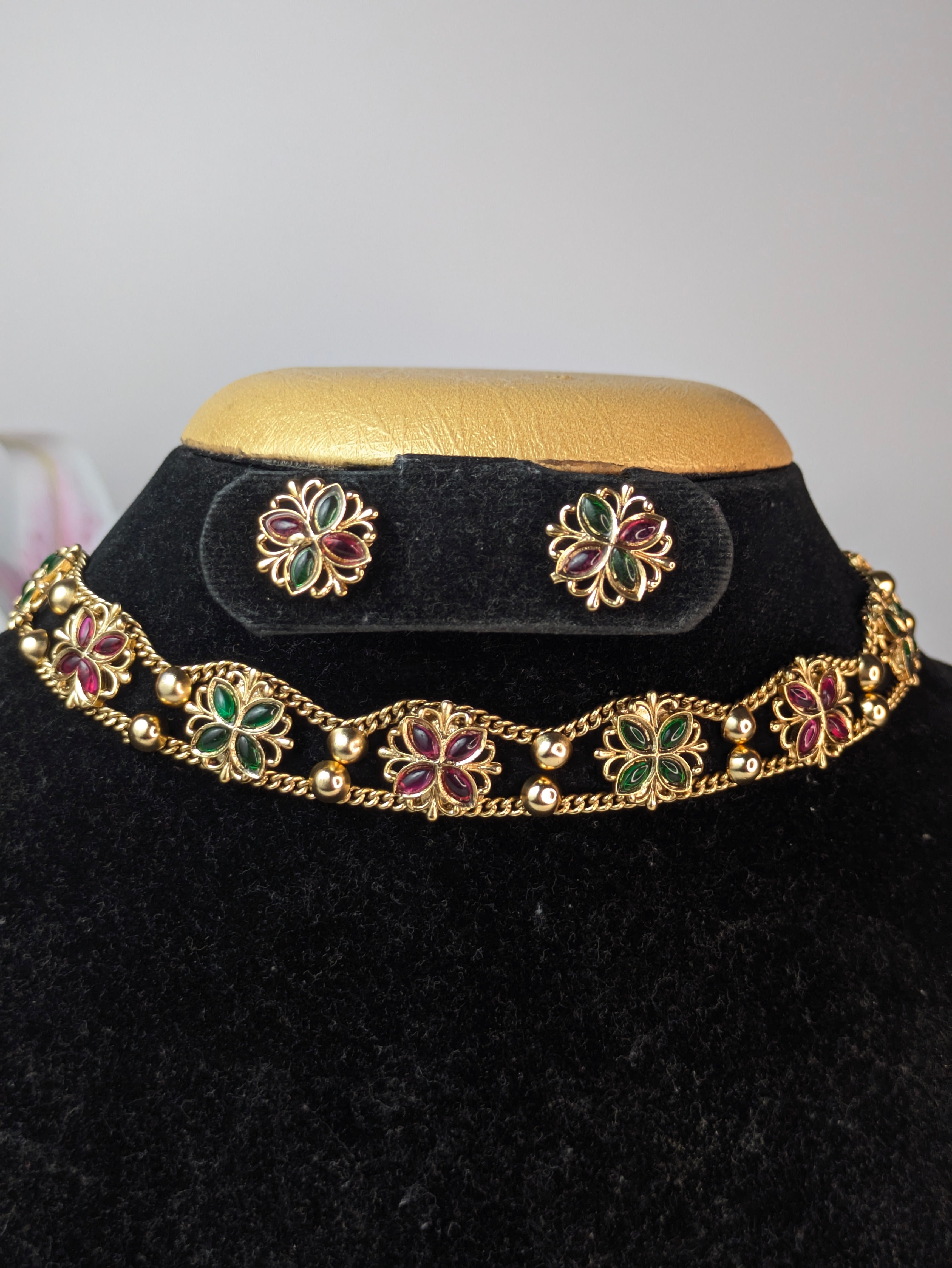 Gold Tone Floral Choker Necklace with Red Green Stones