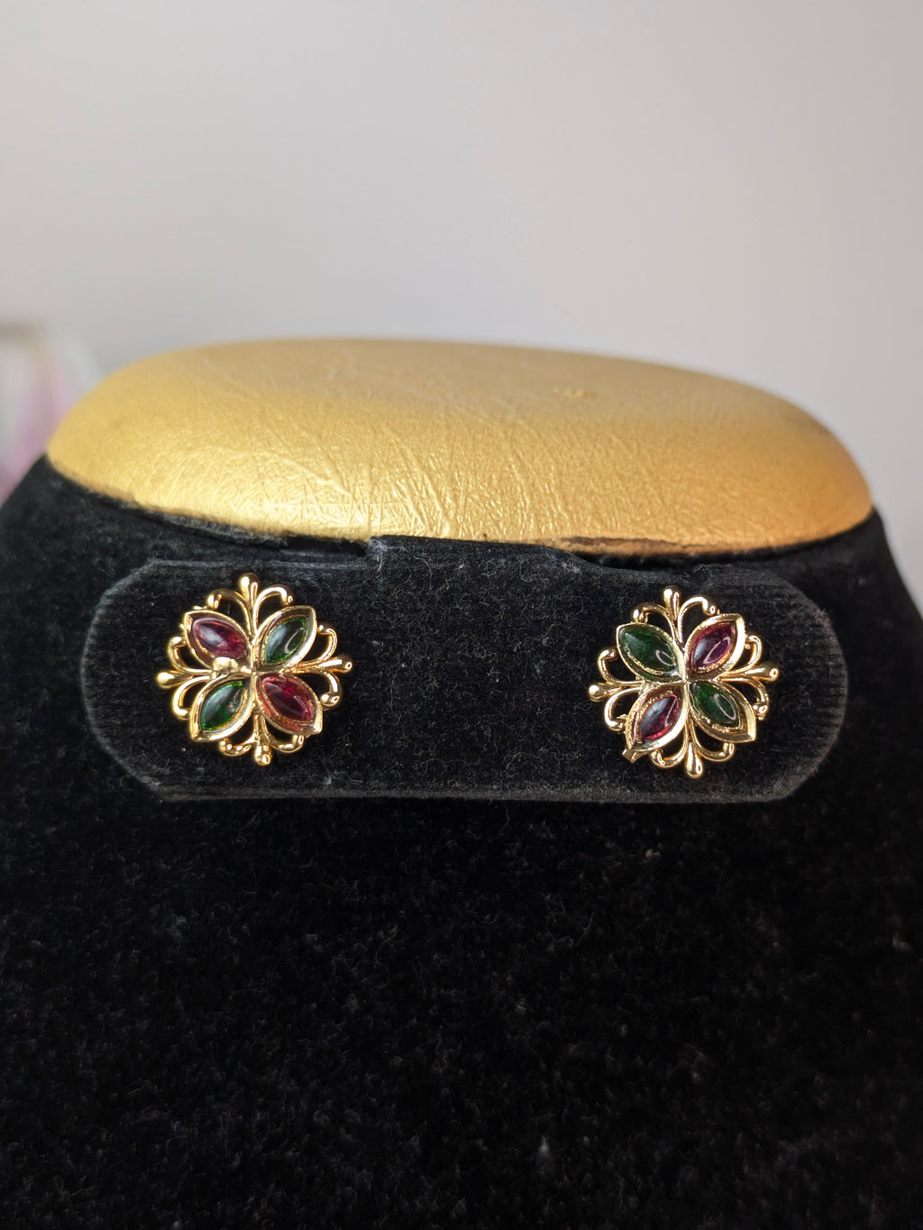 Gold Tone Floral Choker Necklace with Red Green Stones