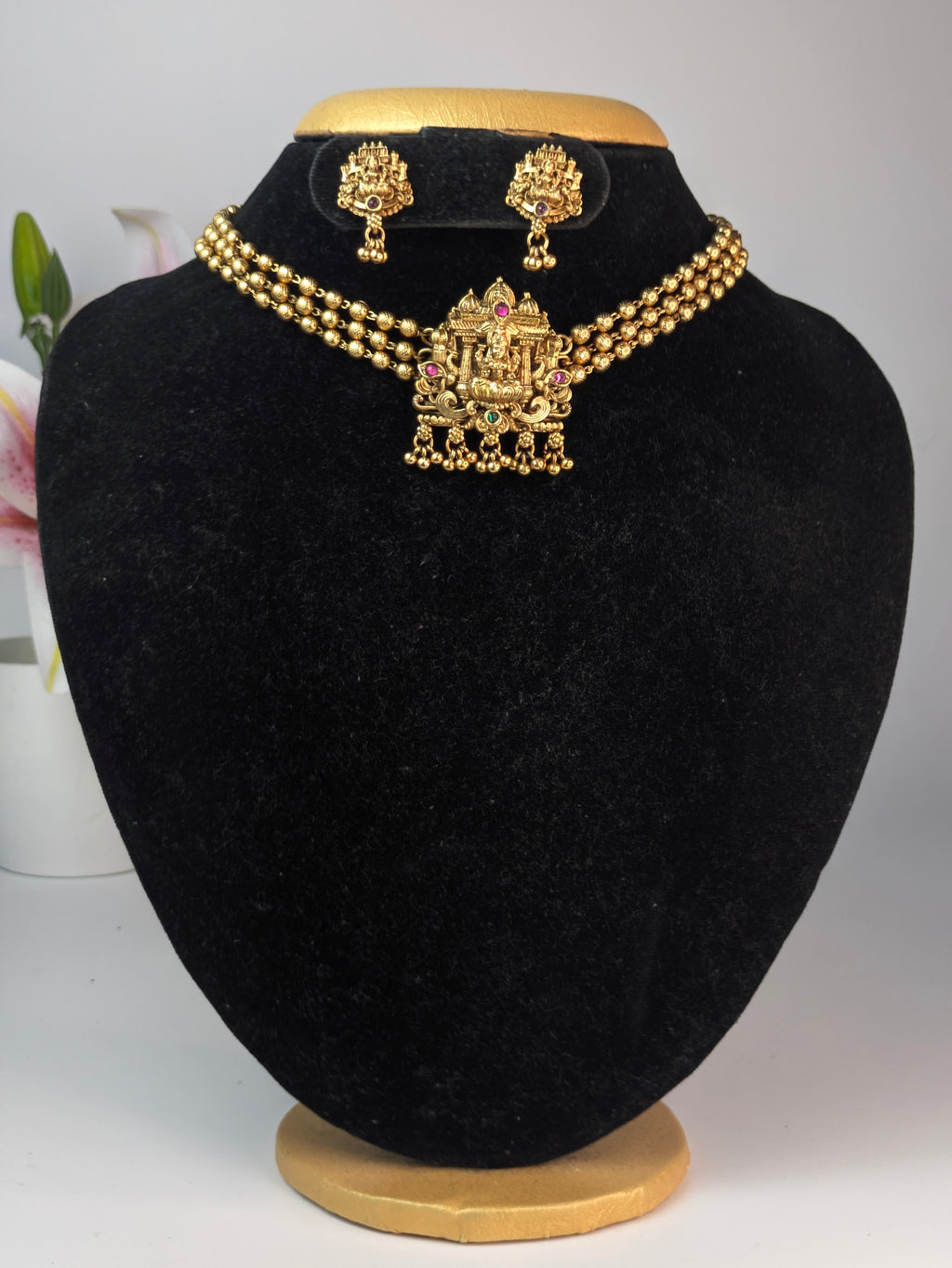 Antique Gold Finish Lakshmi Temple Choker Set.