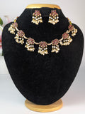 Lotus with Pearl Hangings Necklace Set-Red