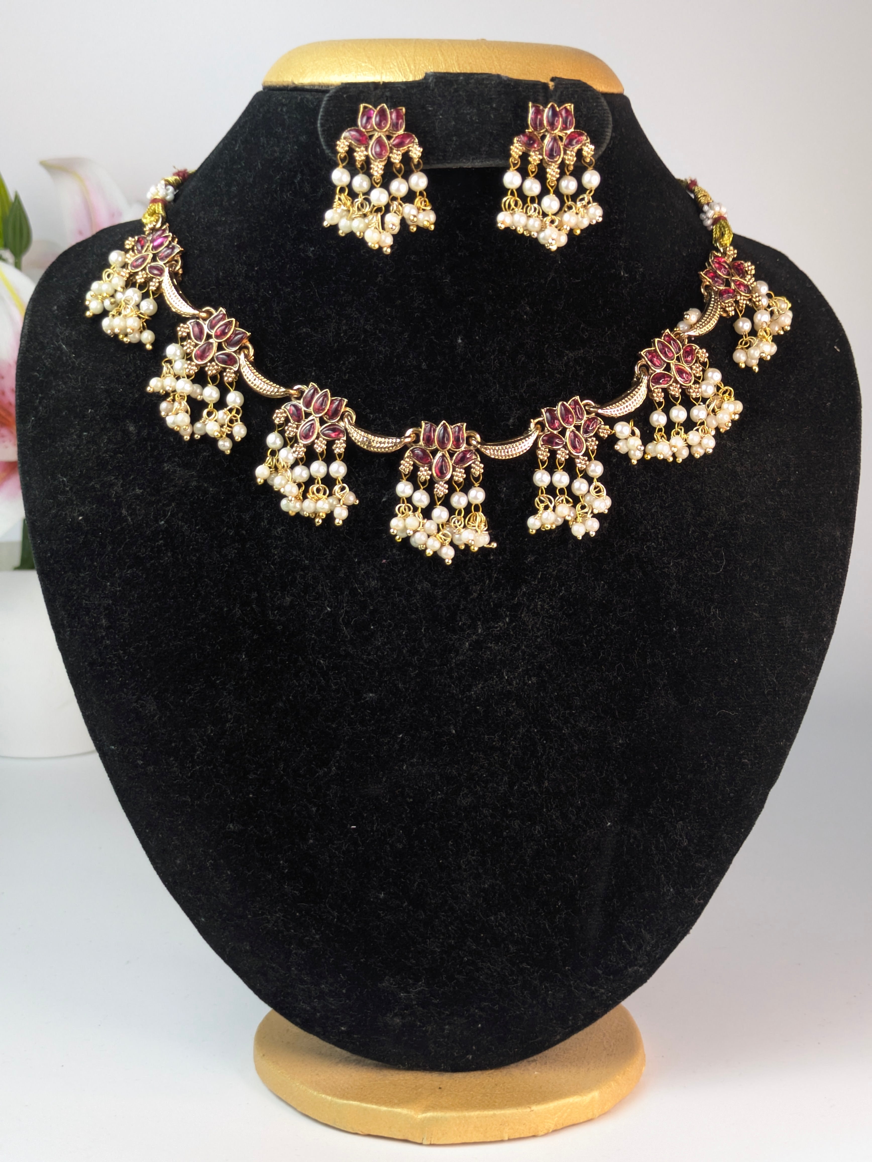 Lotus with Pearl Hangings Necklace Set-Red