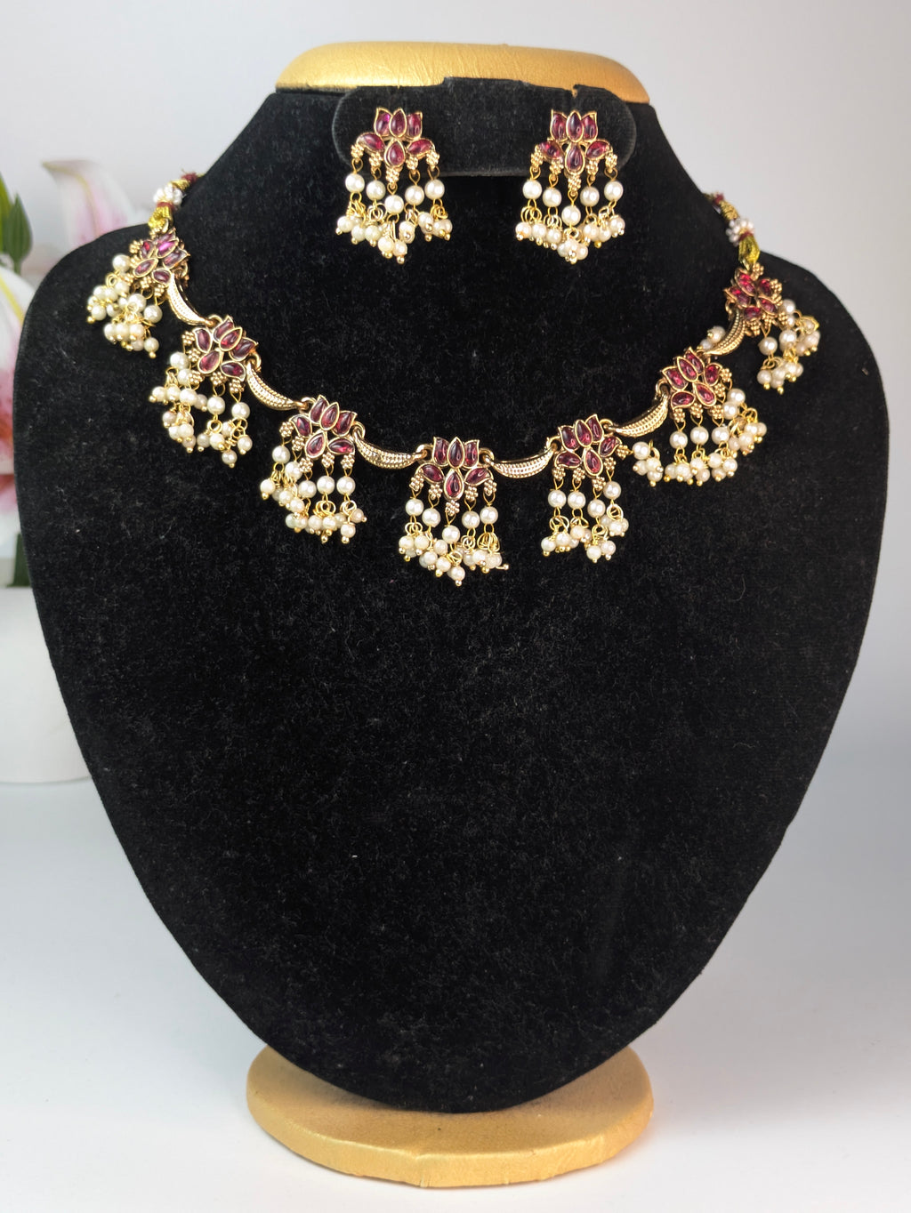 Lotus with Pearl Hangings Necklace Set-Red