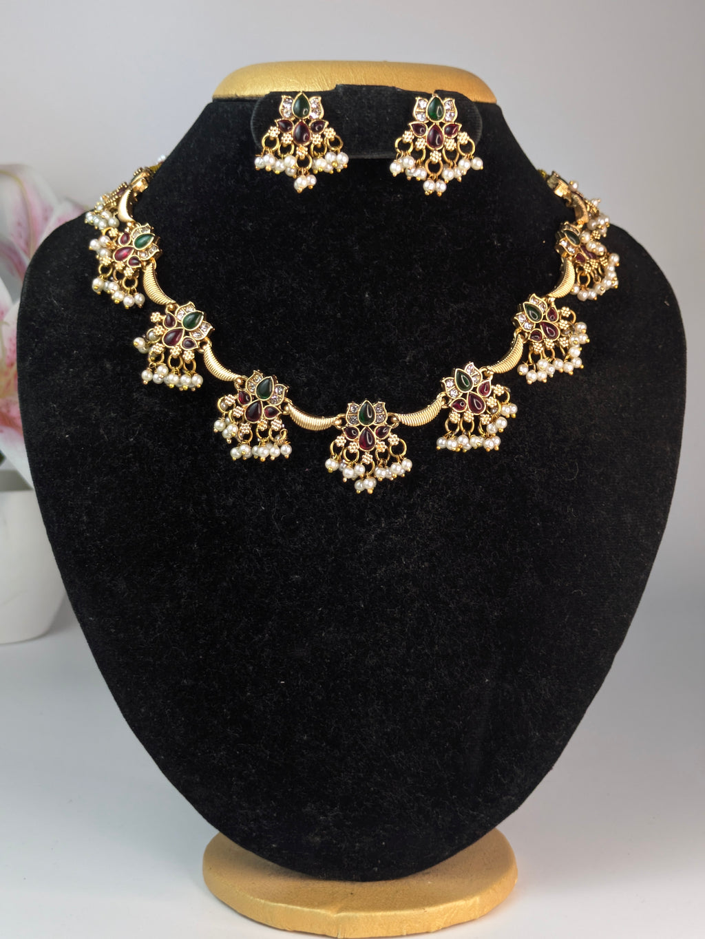 Lotus with Pearl Hangings Necklace Set-Multi