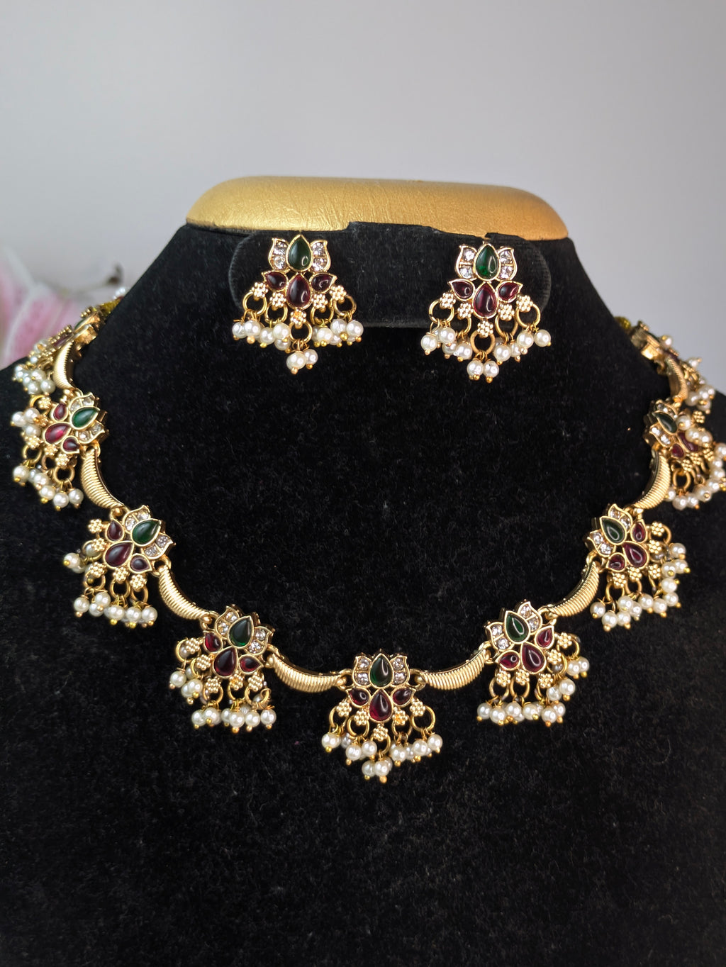 Lotus with Pearl Hangings Necklace Set-Multi