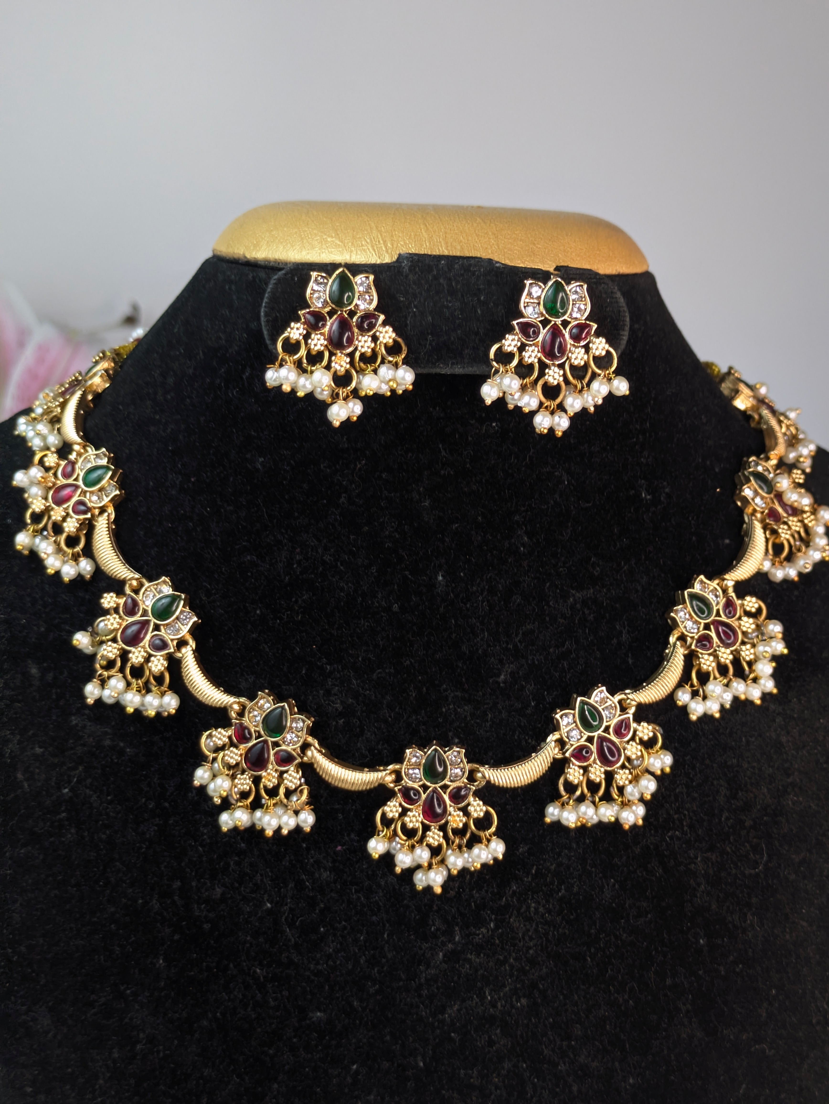 Lotus with Pearl Hangings Necklace Set-Multi