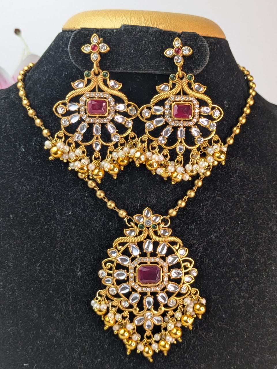Ruby Stone Gold Ball Hanging Necklace
